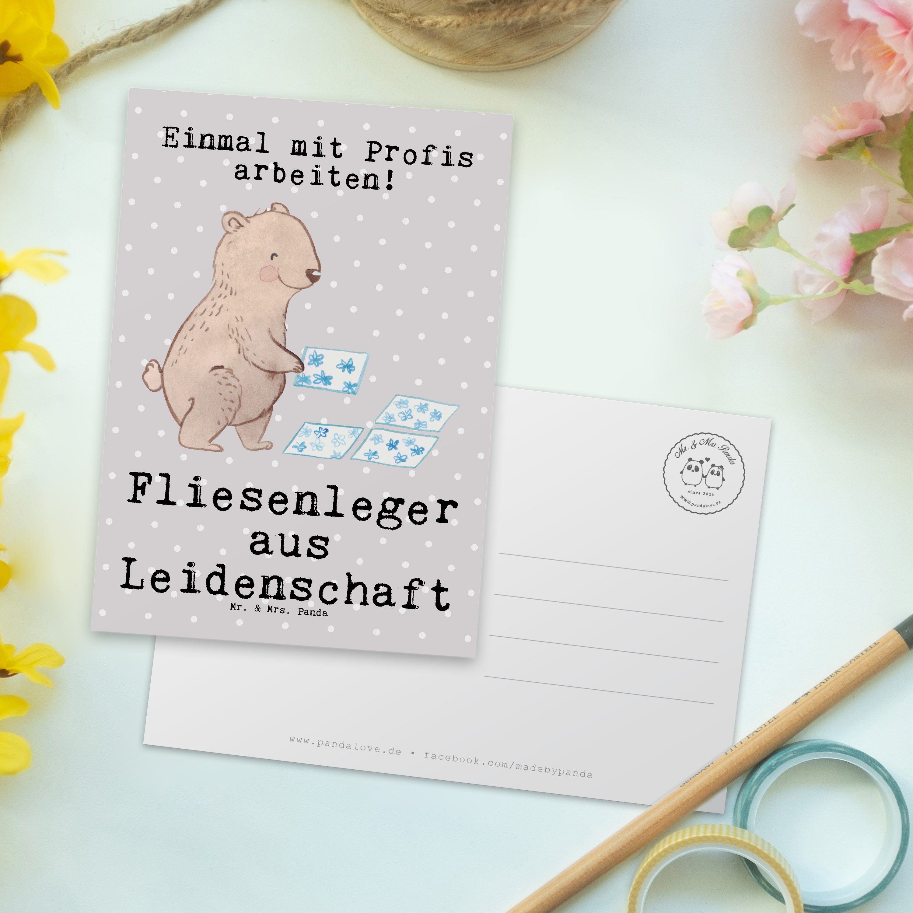 Postkarte & Fliesenleger aus Geschenk, Panda Mrs. - Leidenschaft Gesellenprüf - Grau Mr. Pastell
