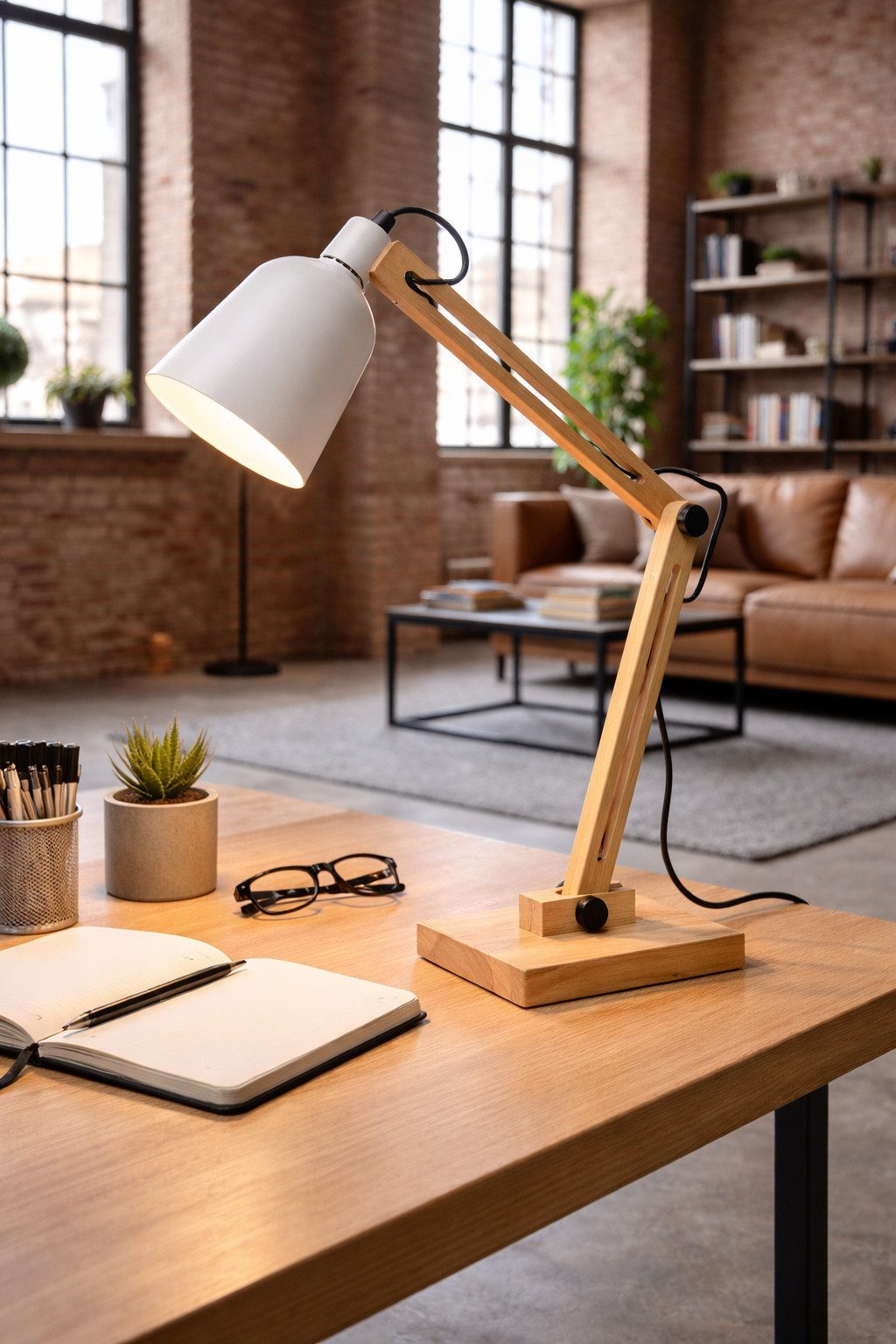 Rungassi Schreibtischlampe EDGAR Moderne Tischlampe mit Holzdesign und flexiblem Arm weiß ED024, ohne Leuchtmittel