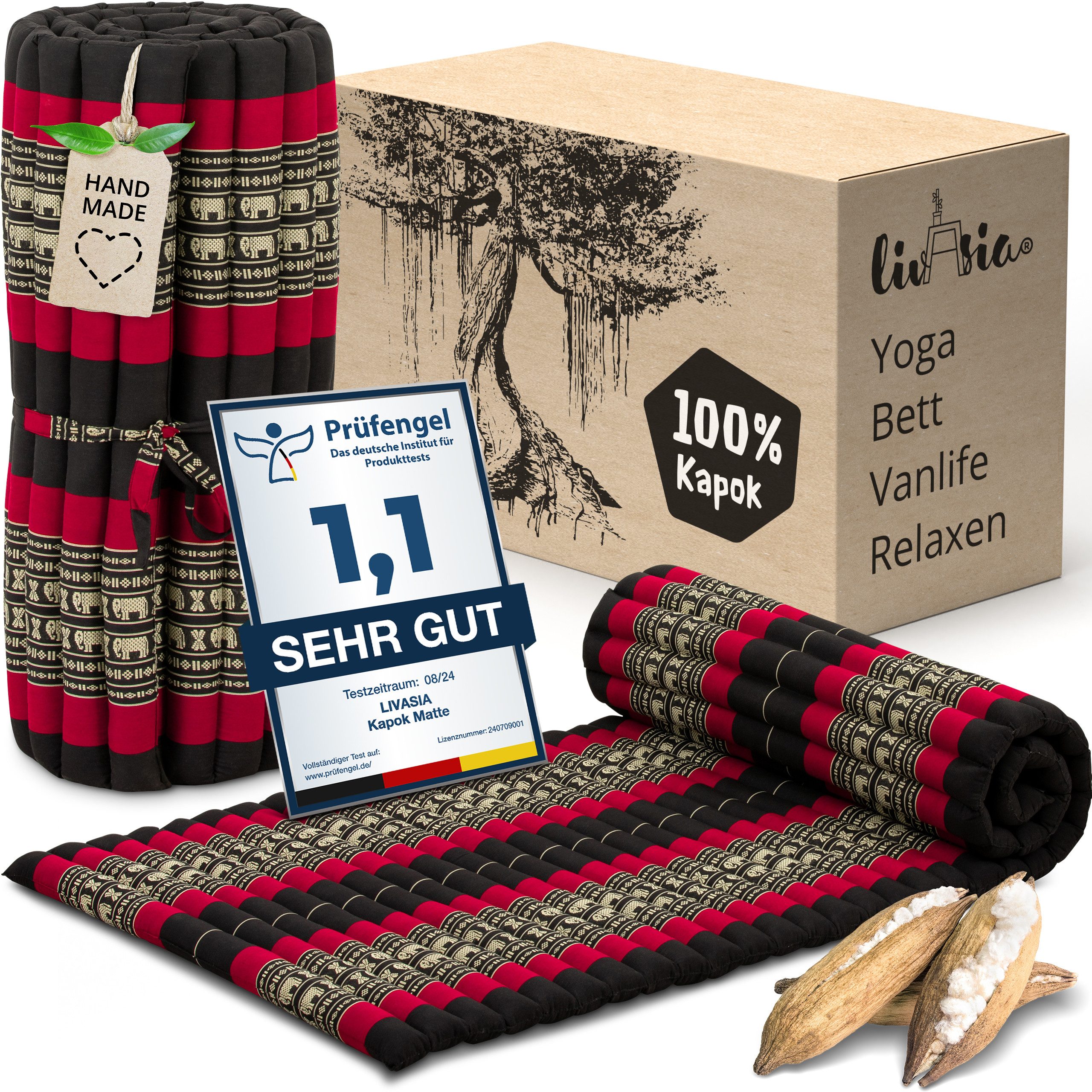 Reisebett-Matratzen Rollmatte 75 cm breit, vegan und handgefertigt, 200x75x4,5cm, livasia, 4.5 cm hoch, Kapok
