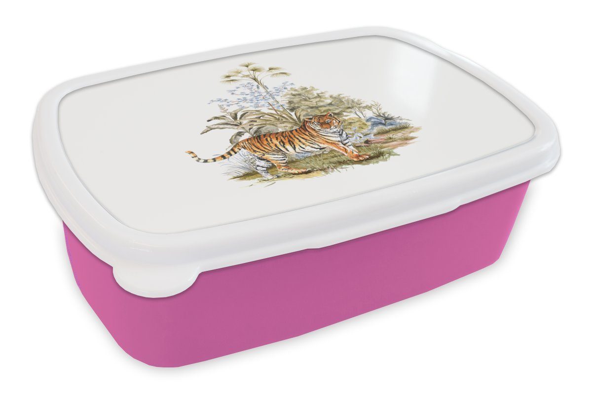 MuchoWow Lunchbox Tiger - Schrein - Wald, Kunststoff, (2-tlg), Brotbox für Erwachsene, Brotdose Kinder, Snackbox, Mädchen, Kunststoff rosa