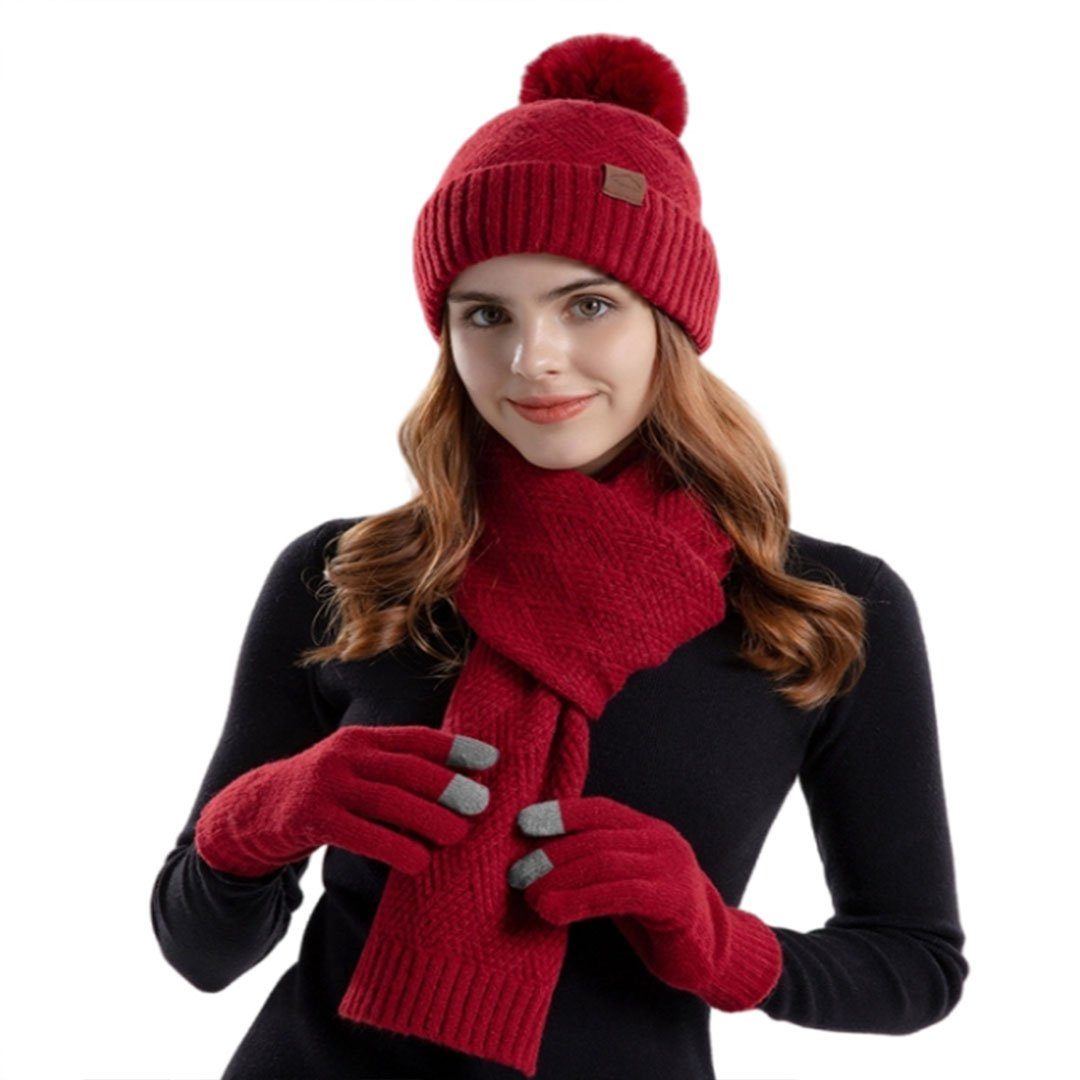 YANN Strickmütze Strickmütze Damen warme Mütze Schal Handschuhe dreiteiliges Set (3-St) Rot
