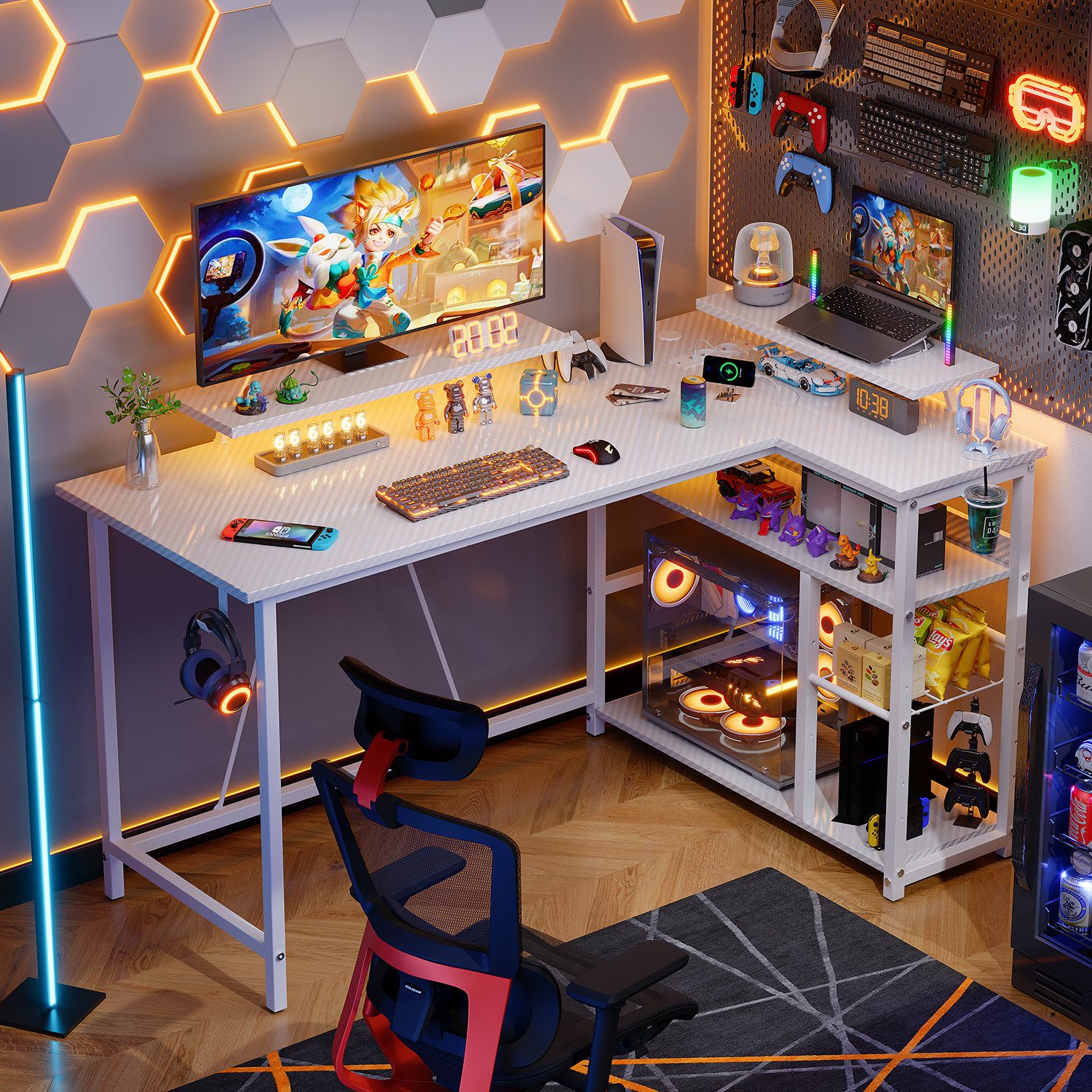 HOMALL Gamingtisch L-förmiger Computertisch mit Steckdosen, USB-Anschlüssen günstig online kaufen
