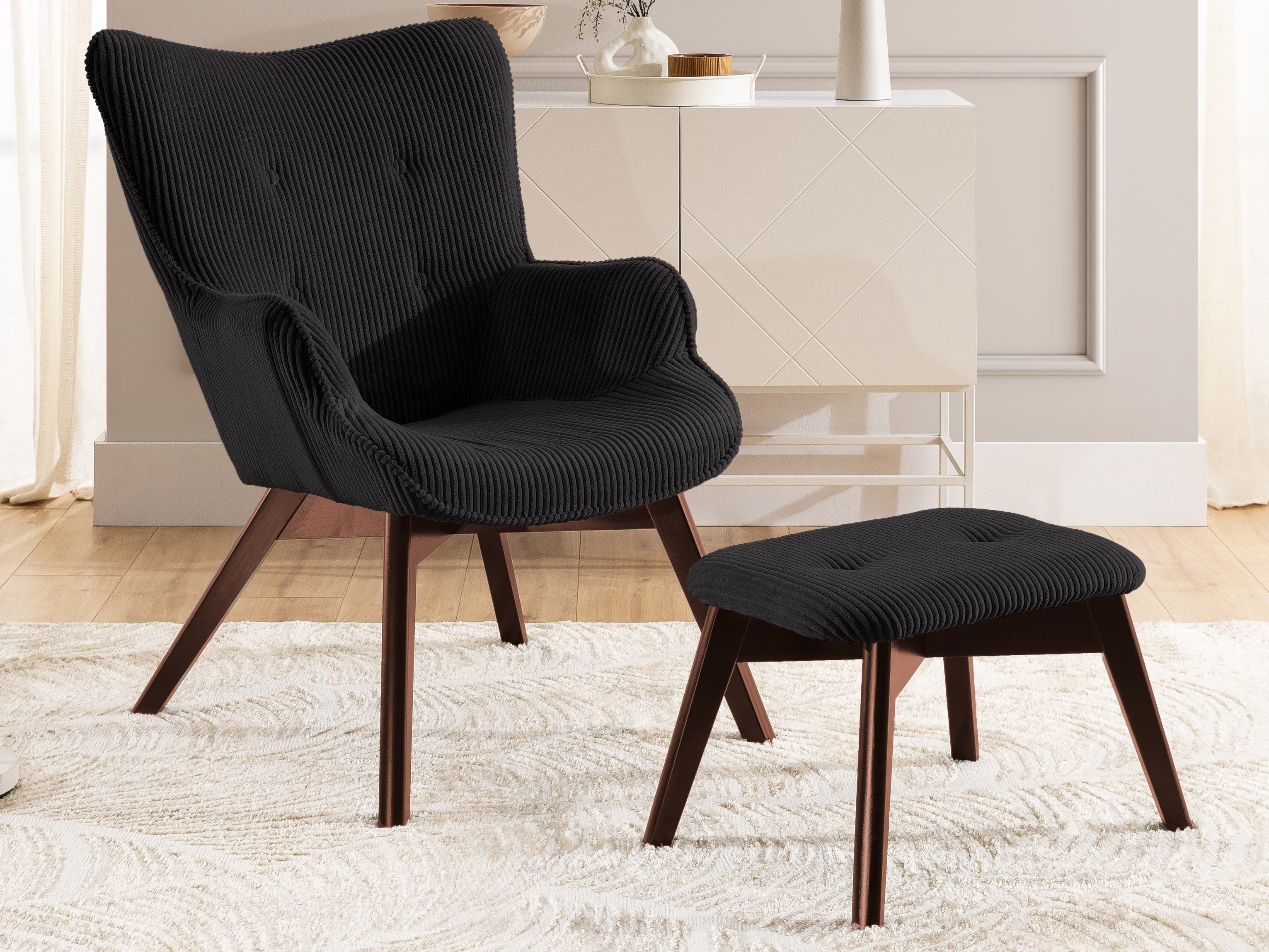 S-Style Möbel Loungesessel mit Fußhocker Lenari aus Cordstoff mit Füßen aus Massivholz (1 x Lounge-Sessel, 1 x Hocker)