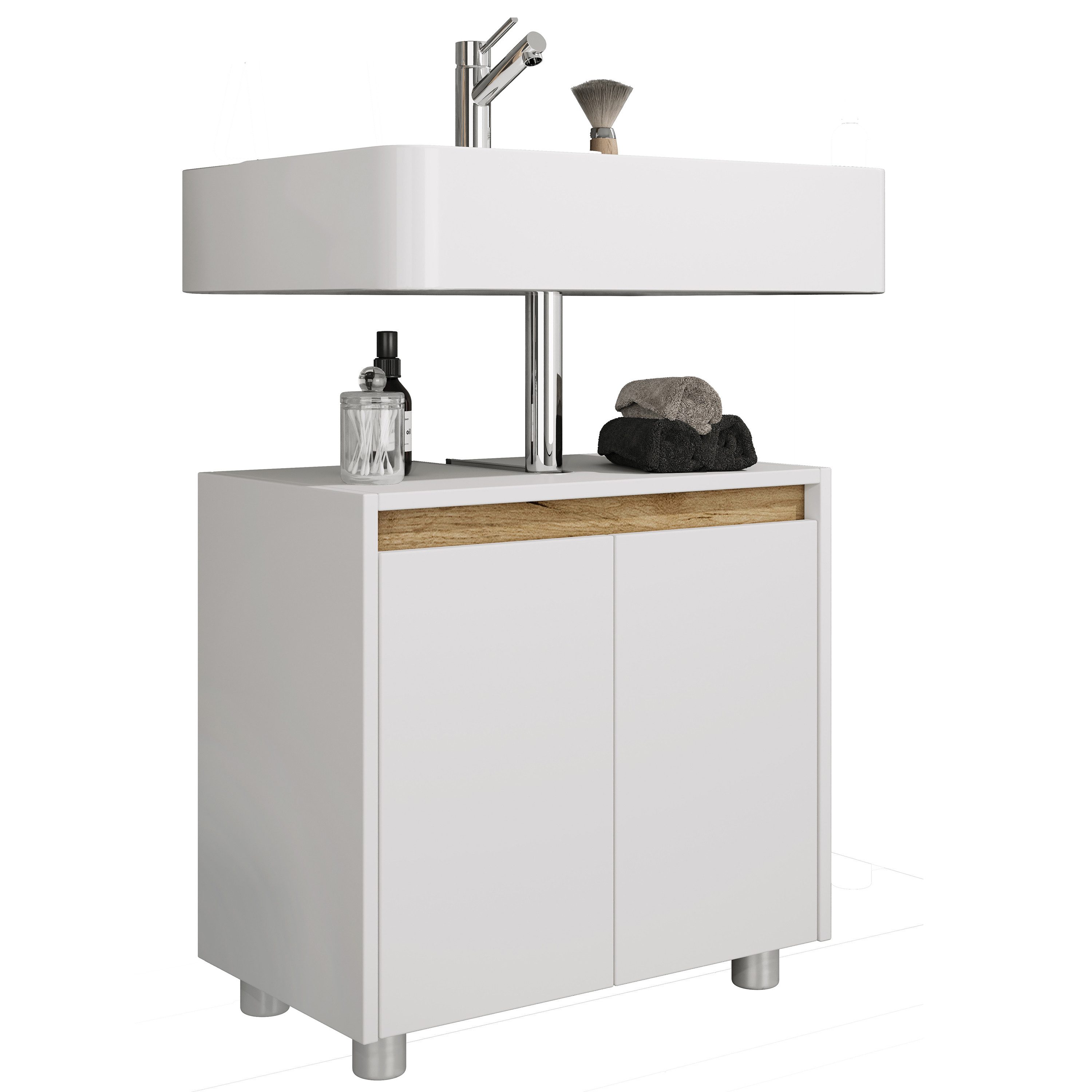 VCM Waschbeckenunterschrank Cosila Badschrank B. 57 x T. 33 x H. 55 cm Holz Badschrank mit 2 Drehtüren, 1 Fach