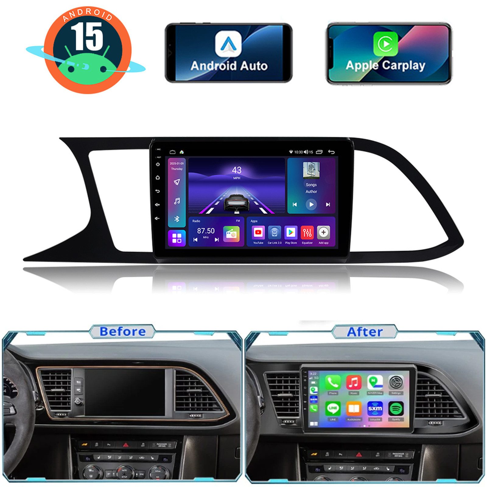A-Sure Android 15 Autoradio Carplay Navi Für Seat LEON 5F1 5F5 2013-2019 Autoradio (DSP, RDS, Digitalradio (DAB), 1280*720P)