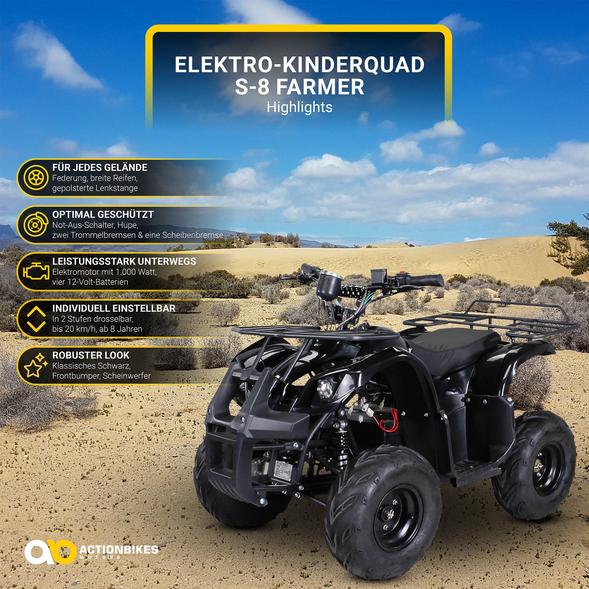 Actionbikes Motors Electric Kids Quad S8 1000 W 48 V, Load capacity 80 kg, (1-piece), Midi Quad - Safety Touch - Disc brake - up to 20 km/h