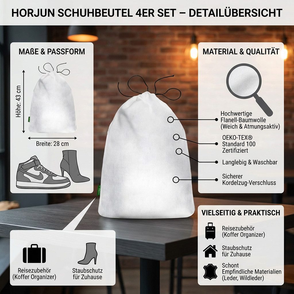 Horjun Schuhbeutel Schuhbeutel 4er Set Baumwolle - Flanell Schuhsäcke - Staubschutz, - Reisezubehör - Koffer Organizer Set - Schuhaufbewahrung