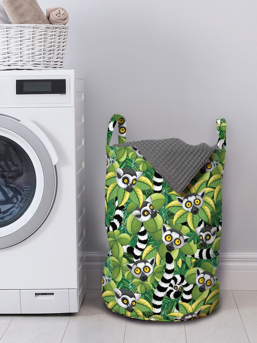 Exotische Wäschekorb mit für Griffen Waschsalons, Kordelzugverschluss Lemur Abakuhaus Wäschesäckchen Dschungel-Affe-Grafik