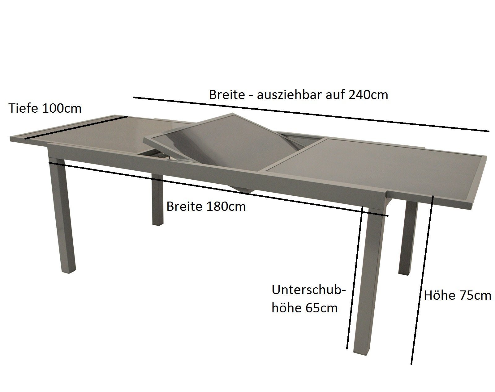 grau, PISA DEGAMO ausziehbar (1-St), Glas dunkelgrau 180x100cm, Gartentisch auf 240cm, Aluminium