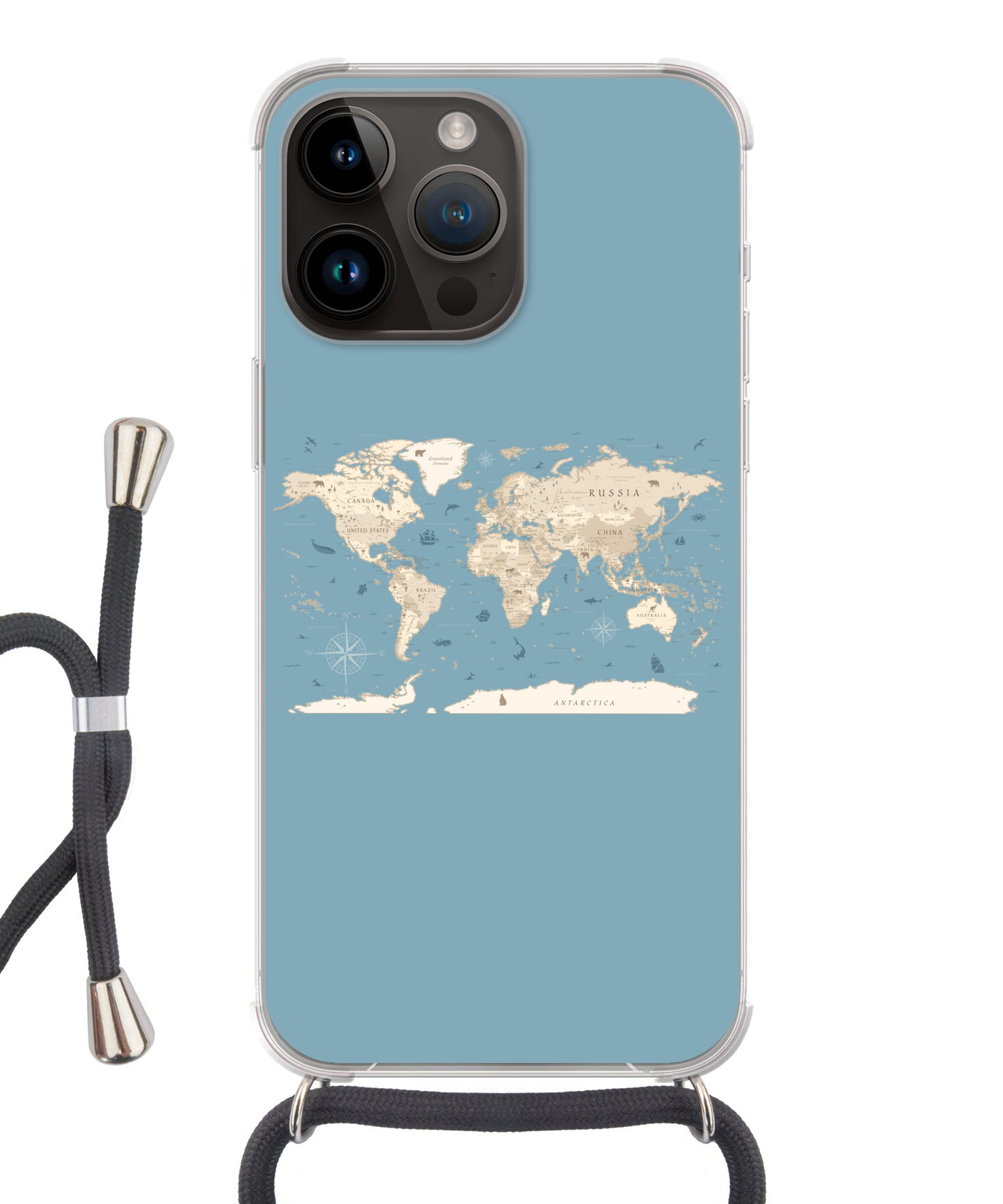 MuchoWow Handyhülle für Apple iPhone 14 Pro Weltkarte - Ozean - Realistisch - Blau, Tragbare Handyhüllen mit Kette zum umhängen, Handykette Handyband