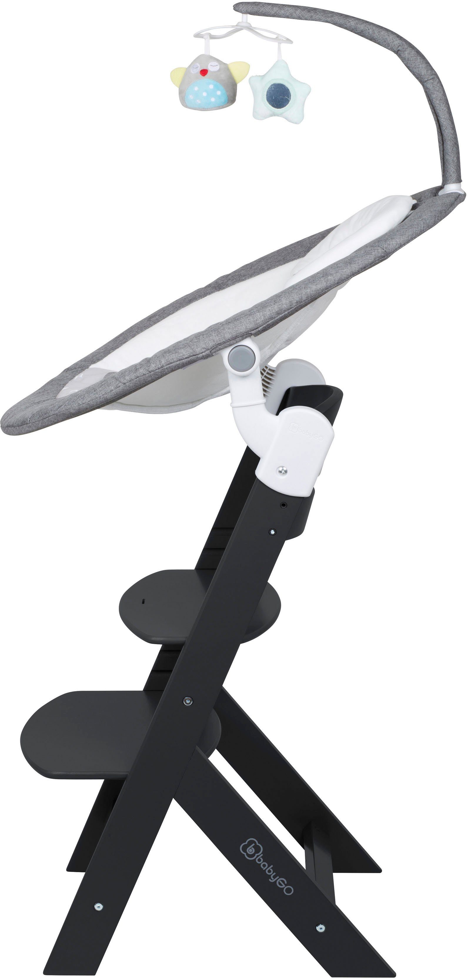 BabyGo Hochstuhl Family Homey Set, schwarz/hellgrau, mit elektrischer Babywippe inkl. Spielbogen