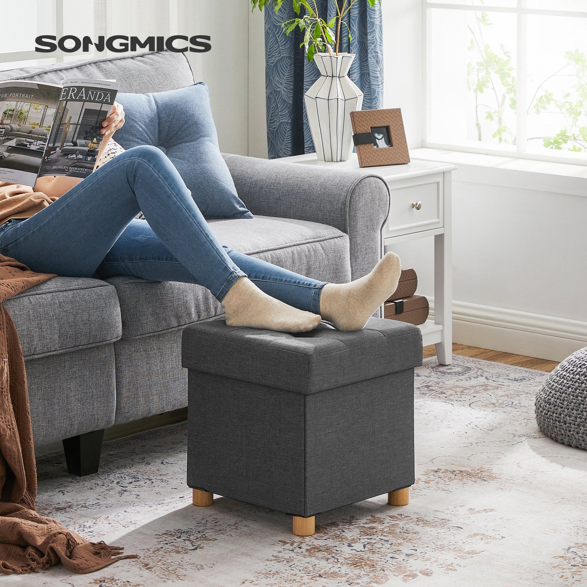 SONGMICS Sitzhocker mit Stauraum, 38 x 38 x 40 cm, für Wohnzimmer Schlafzimmer Schlafsaal, kleine klappbare, Aufbewahrungsbox, bis 300 kg belastbar, dunkelgrau