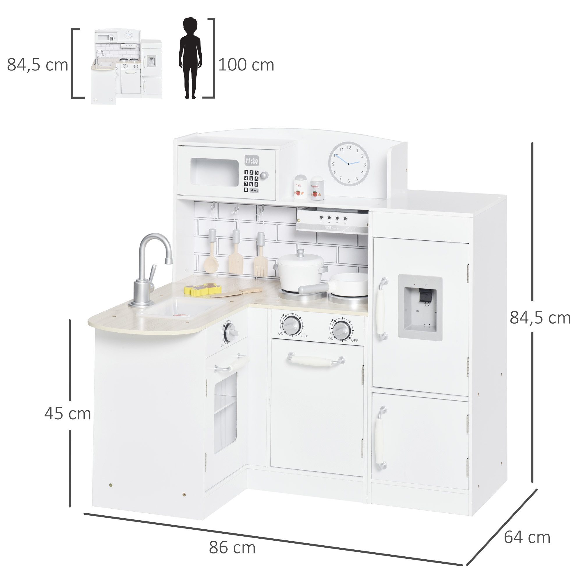 HOMCOM Spielküche mit elektronischem Wasserspender, Mikrowelle und Kühlschrank Kiefernholz, MDF, für Kinder ab 3 Jahren, Weiß