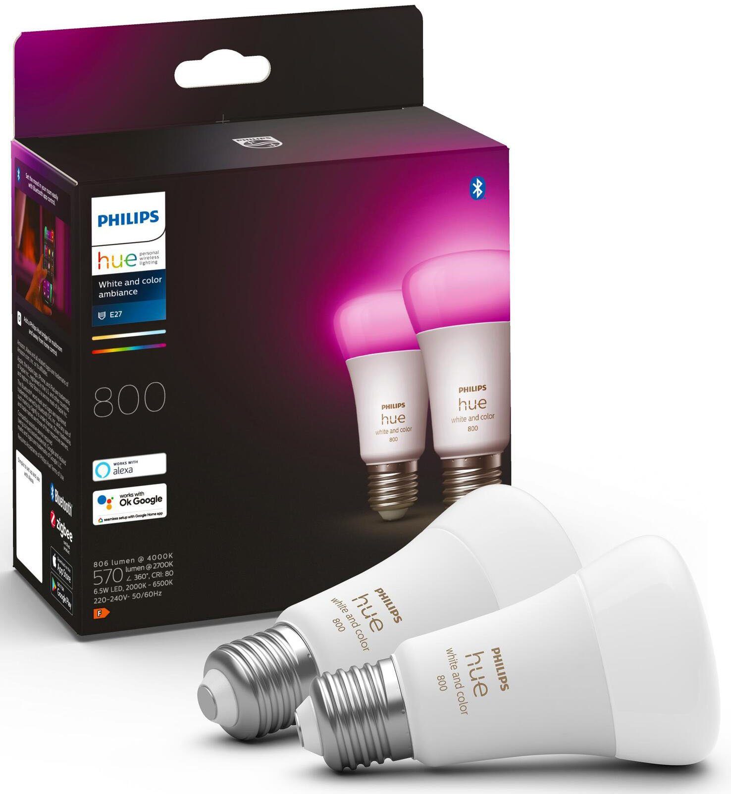 Philips Hue LED-Leuchtmittel White & Col. Amb. E27 Doppelpack 2x570lm 60W!, E27, 2 St., Farbwechsler, Warmweiß