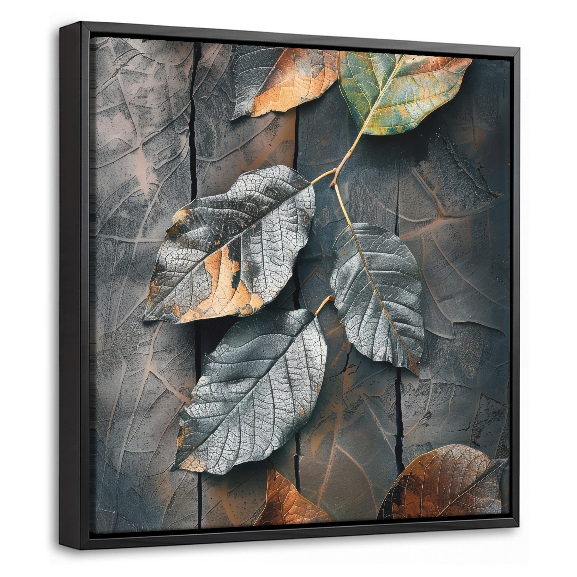 OneMillionCanvasses® Leinwandbild mit Rahmen - Blätter - Herbst - Grau - Natur, Fotodruck (1 St), Leinwand Bilder Klein, Wand Dekoration Aesthetic 20x20cm