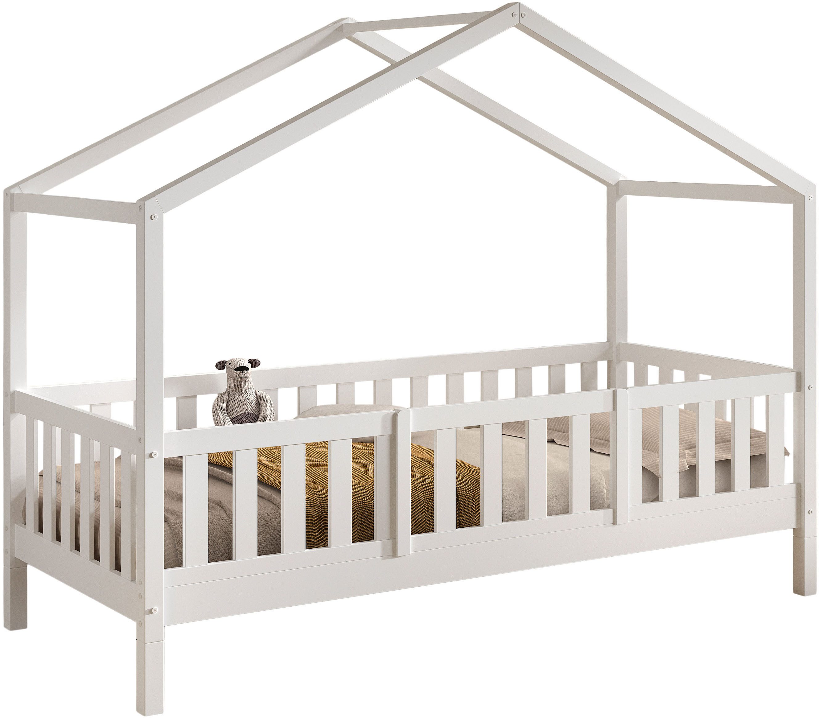 Vipack Hausbett Dallas, Massivholzbett mit Dachaufbau umbaubar vom Boden- zum Daybett (inkl. Rolllattenrost und Sprossenumrandung, 90x200 cm breit), mit Bettschublade, wahlweise Kiefer massiv natur oder weiß