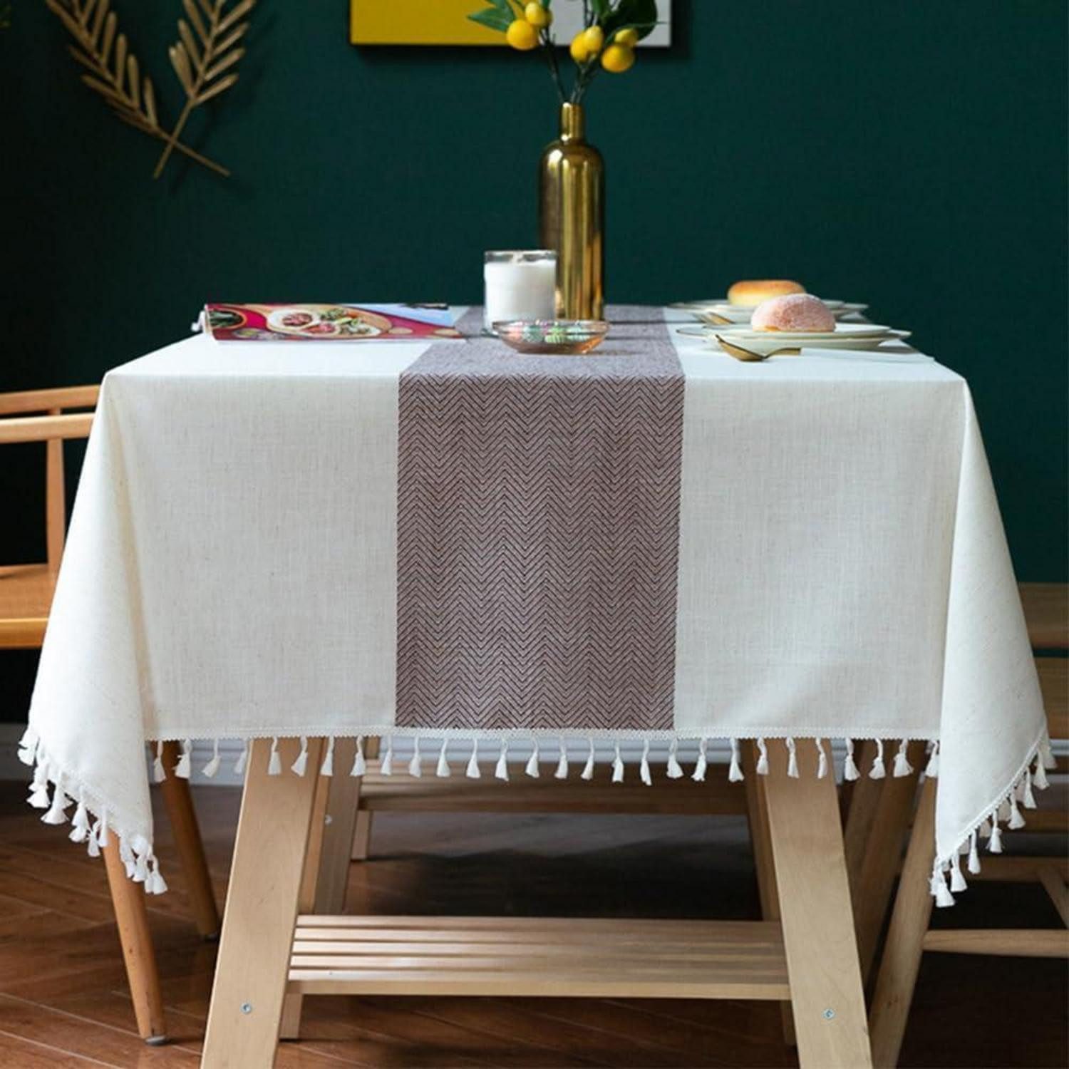 LuxusKollektion Tischdecke Tischdecke Leinen-Baumwolle Gestreift mit Quasten 140x300cm Weiss (1-tlg)
