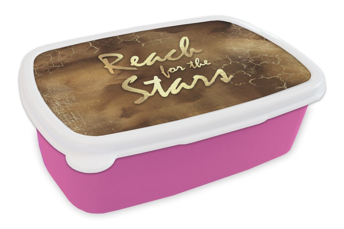 MuchoWow Lunchbox Zitat - Sterne - Braun - Gold, Kunststoff, (2-tlg), Brotbox für Erwachsene, Brotdose Kinder, Snackbox, Mädchen, Kunststoff rosa