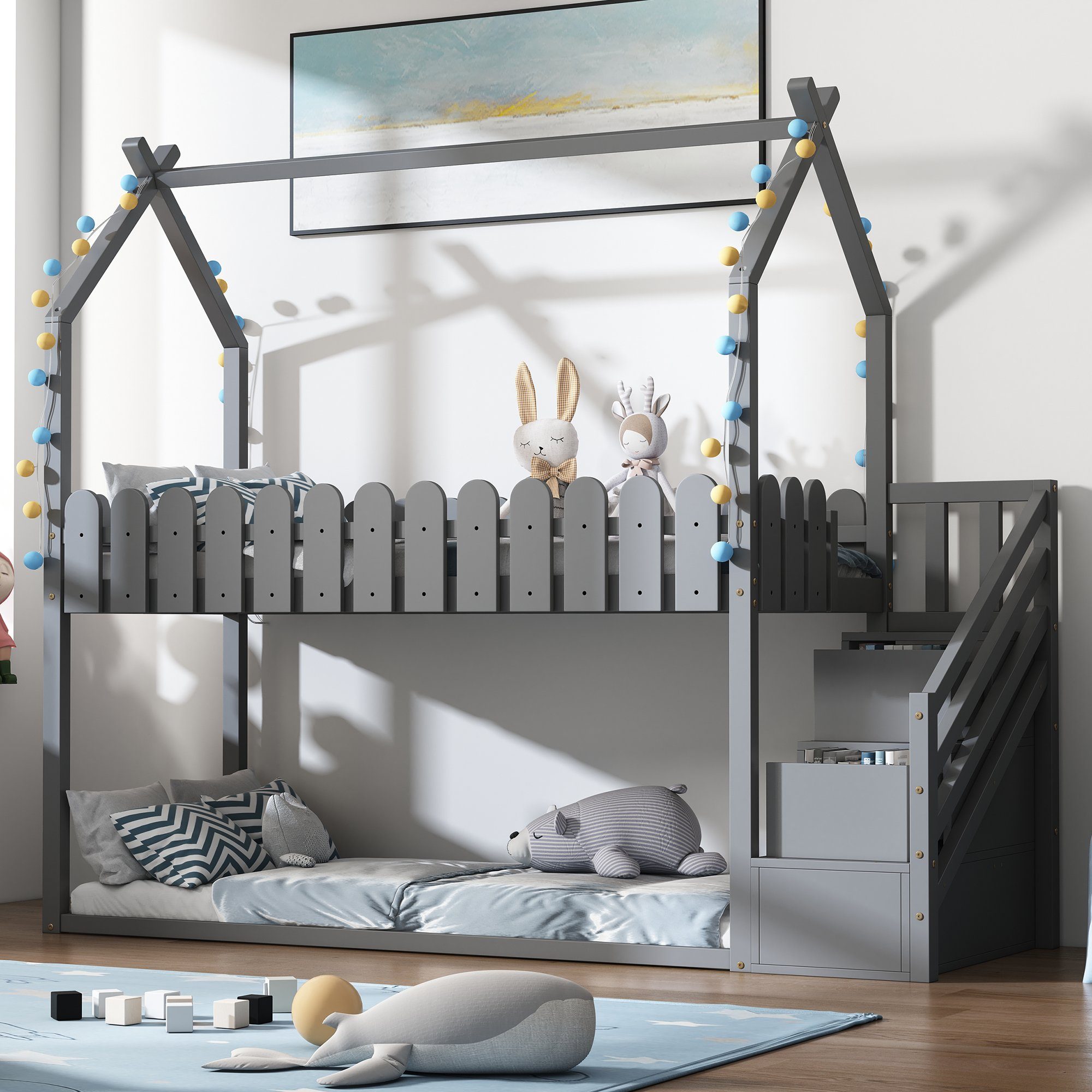 Celya Hausbett Kinderbett Etagenbett 90 x 200 cm, Bettgestell Kinder Bett  mit 3 Treppe, mit 2 Schubladen, mit Zaun