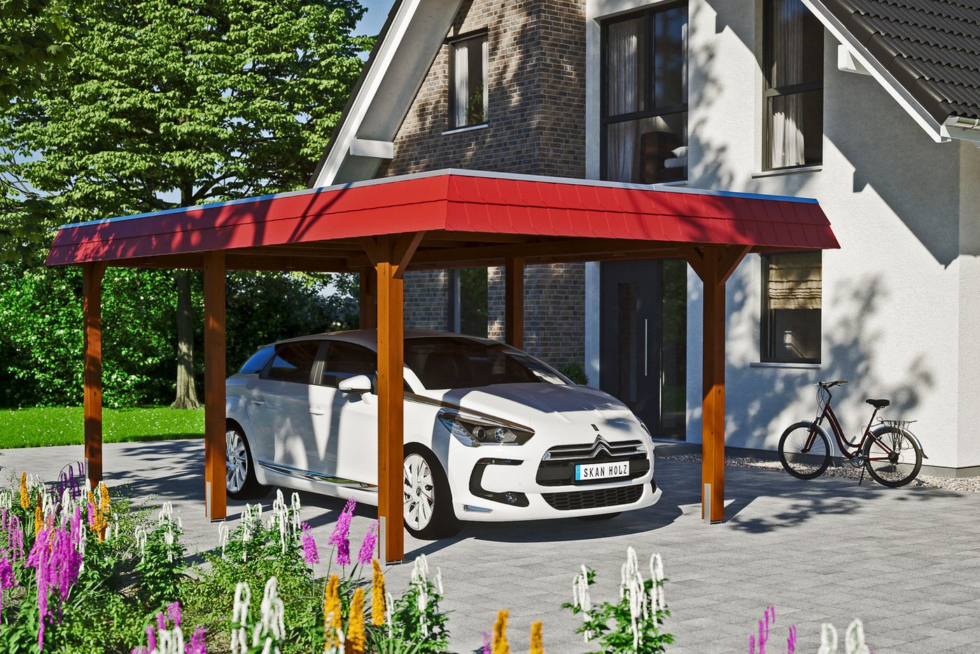Thumbnail - Skanholz Einzelcarport Wendland, BxT: 362x628 cm, 206 cm Einfahrtshöhe, mit EPDM-Dach, rote Blende