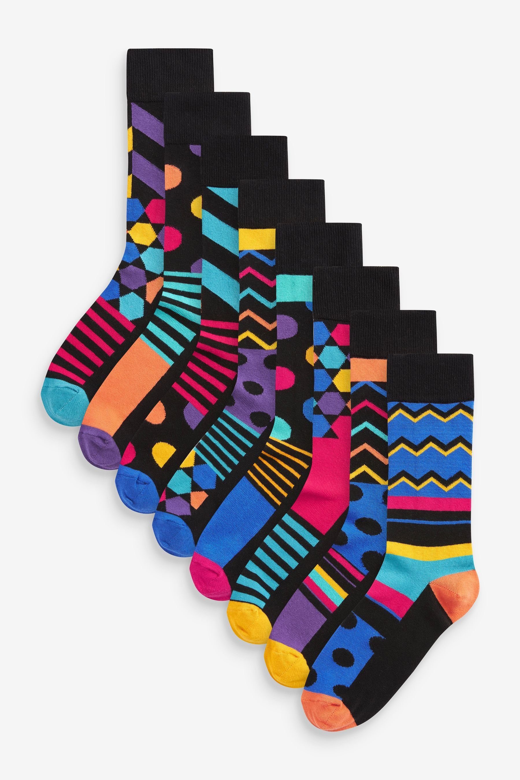 Next Kurzsocken Gemusterte Socken im 8er-Pack (8-Paar) Black/Bright Geo