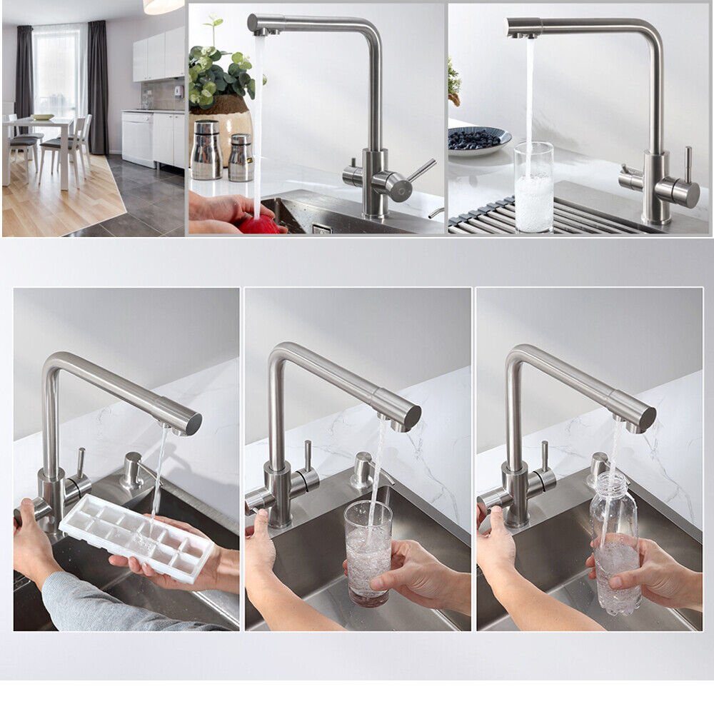 CECIPA Küchenarmatur Edelstahl 3 Wasserhahn Schwenkbar Silber in 1 Küchenarmatur 360°