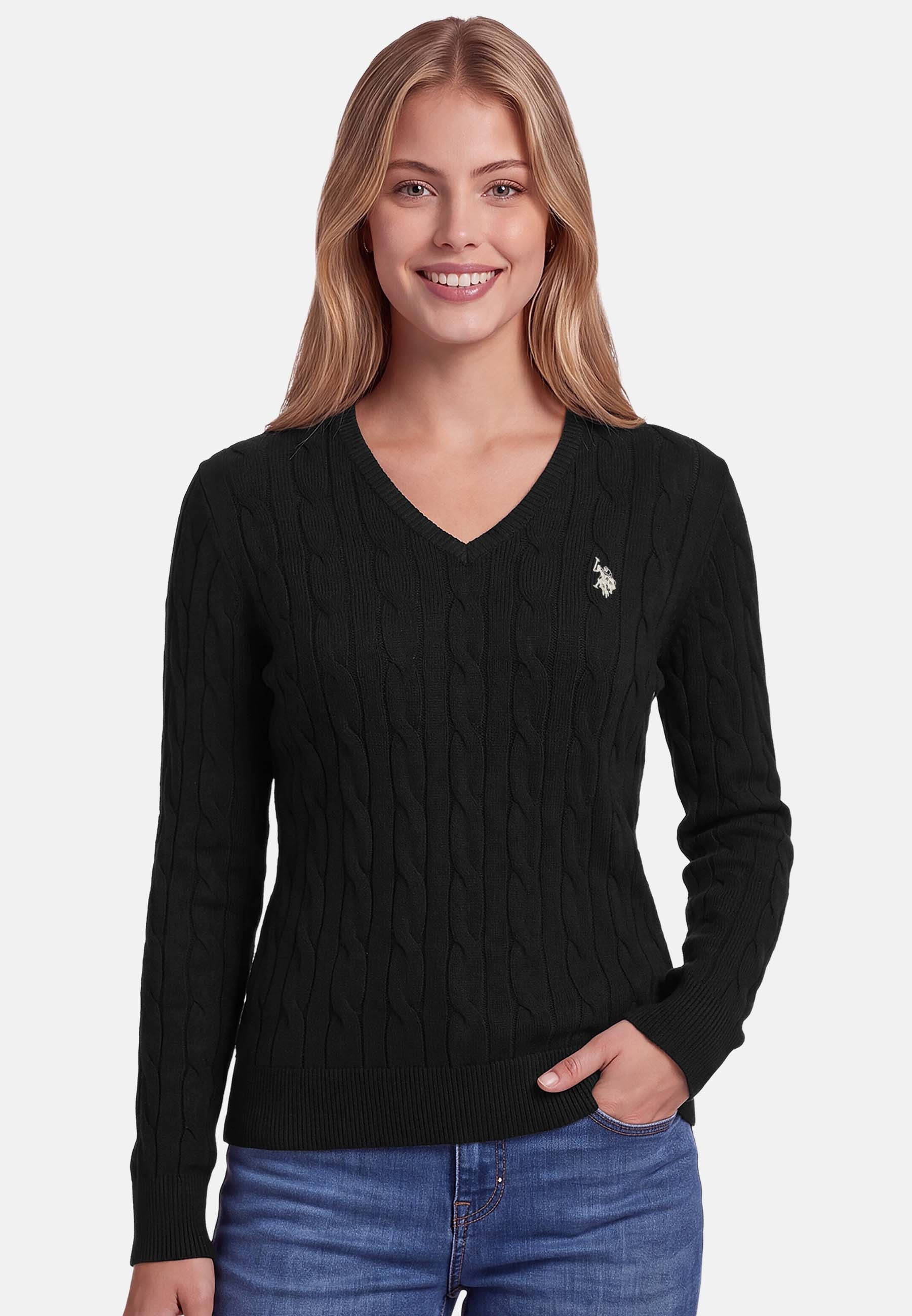 U.S. Polo Assn. Rundhalspullover mit Zopfmuster und V-Ausschnitt Klassischer Strickpullover mit Rippbündchen und dezenter Logostickerei