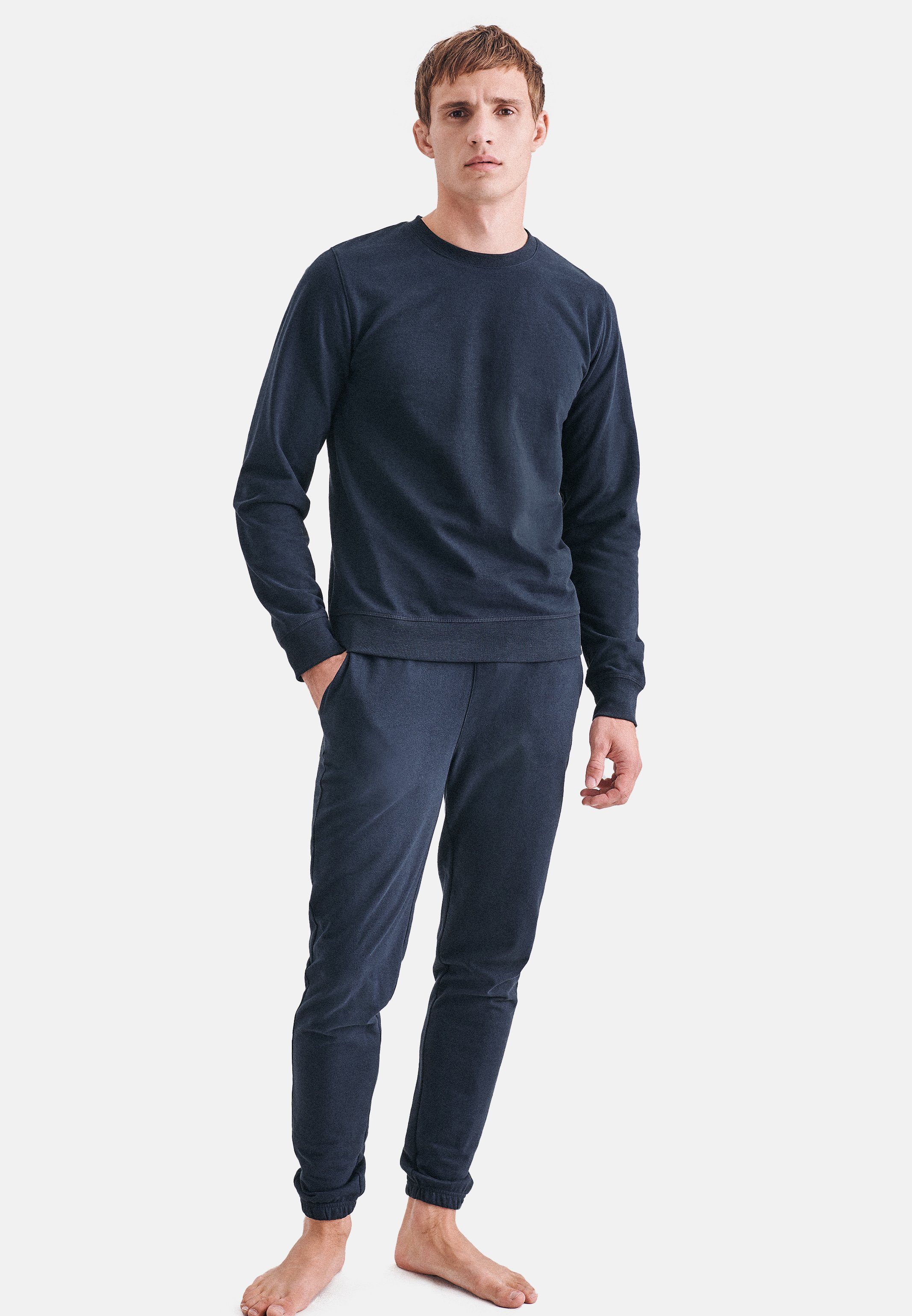 Bündchen (1-tlg) Jersey, Pyjamaoberteil Weiche - Sweater - Herren Heavy Sweatshirt seidensticker Baumwolle aus Navy