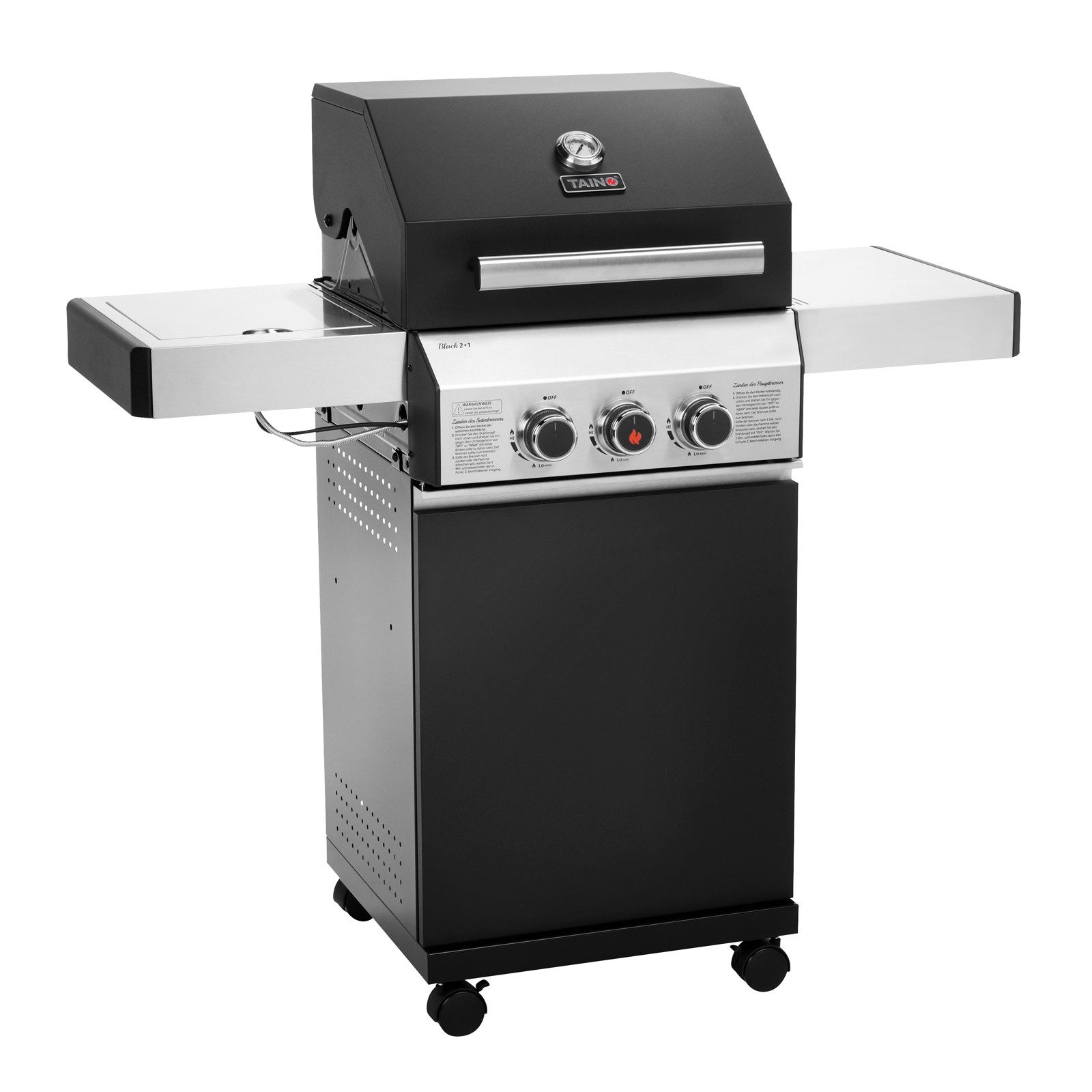 TAINO Gasgrill BLACK, Gasgrill, Doppelwandiger Deckel, Piezozündung, 1 Seitenkocher mit Schutzdeckel