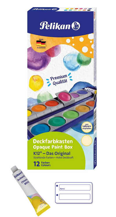 Pelikan Farbkasten Deckfarbenkasten Schule K12 Das Original, Basteln Kinder 720250 + 1 x Deckweiss 1 x Namenaufkleber