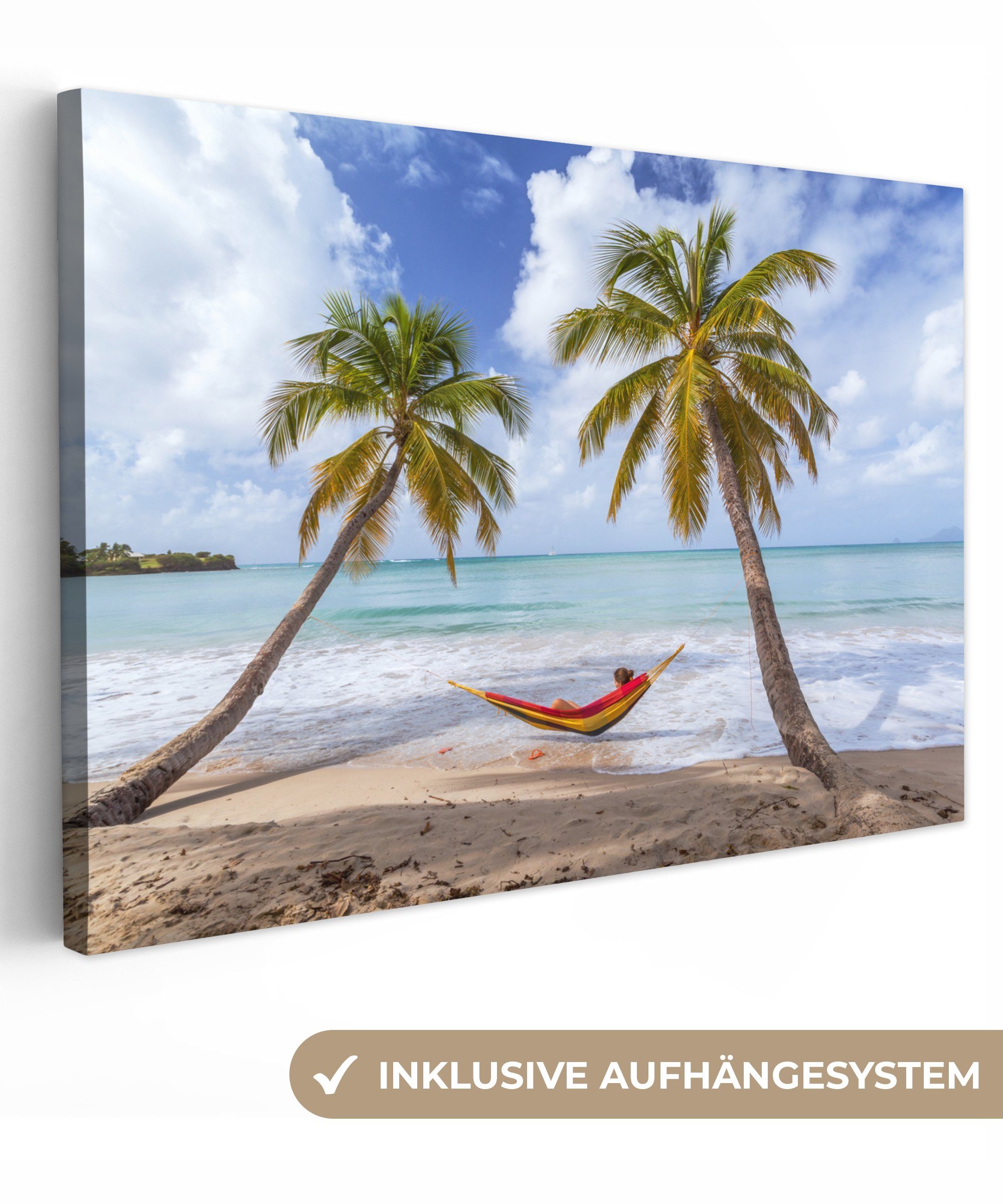 OneMillionCanvasses® Leinwandbild Strand - Palmen - Hängematte, (1 St), Wandbild Leinwandbilder, Aufhängefertig, Wanddeko, 30x20 cm