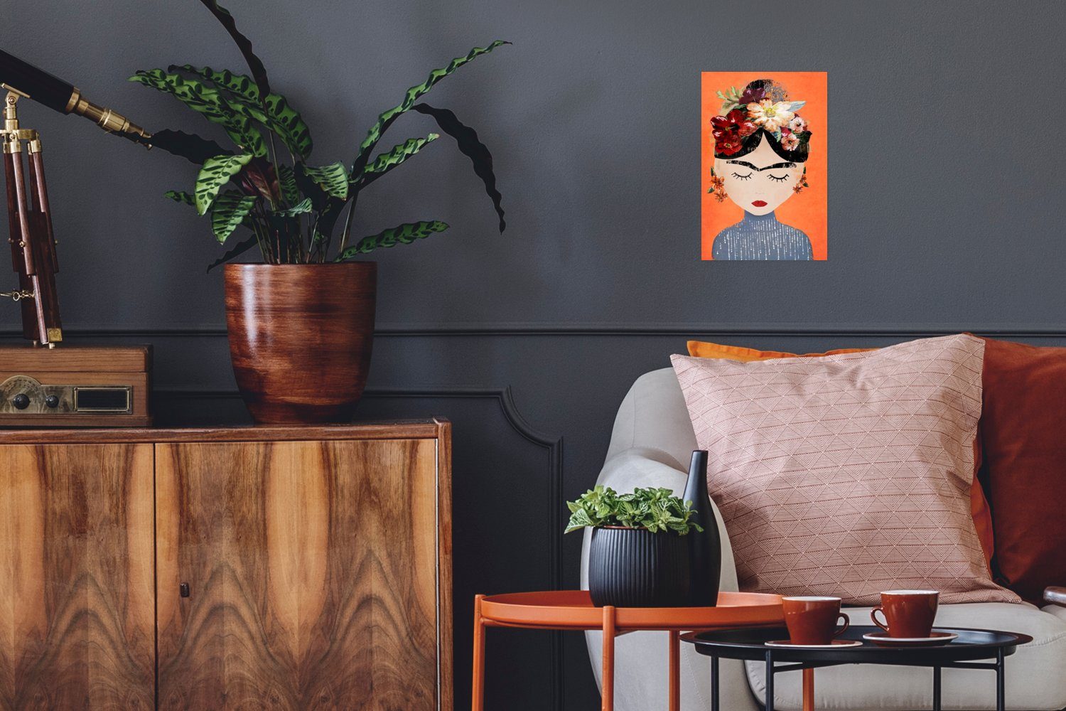 MuchoWow Poster Porträt - Frida Kahlo - Orange - Frau - Blumen, (1 St), Poster, Wandbild, Wandposter für Wohnzimmer, Ohne Rahmen