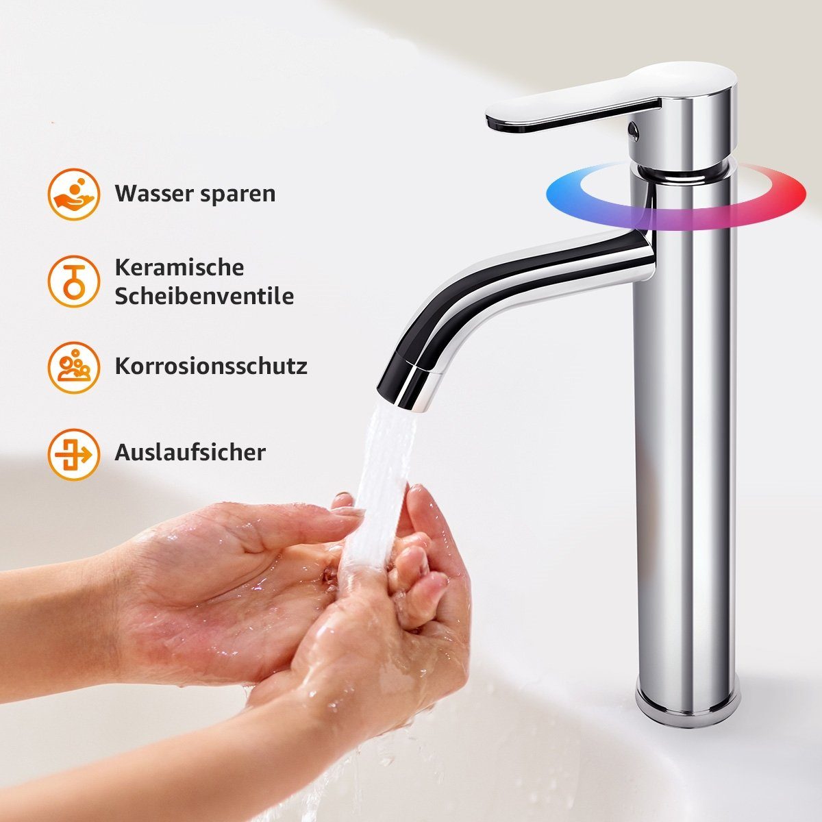 MULISOFT Waschtischarmatur Wasserhahn Wasser Metall Einhebelmischer Wasserhahn Warm und Hoch Hochwertiger aus Verchromtem Kalt Bad Wunderschöne, Silber