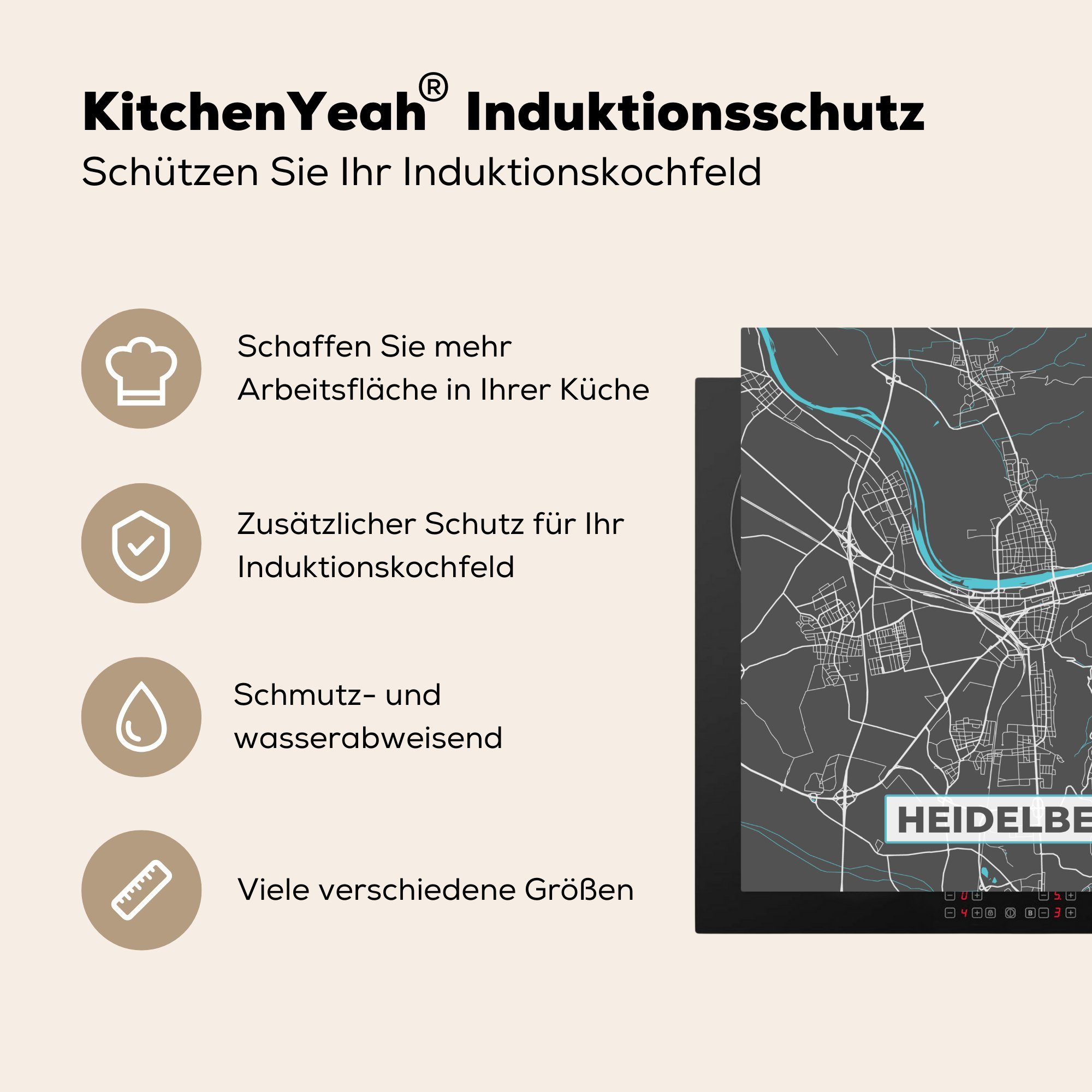 tlg), Vinyl, Ceranfeldabdeckung, MuchoWow cm, Deutschland Herdblende-/Abdeckplatte Karte, küche 78x78 - Blau für Stadtplan Arbeitsplatte Heidelberg (1 - - -