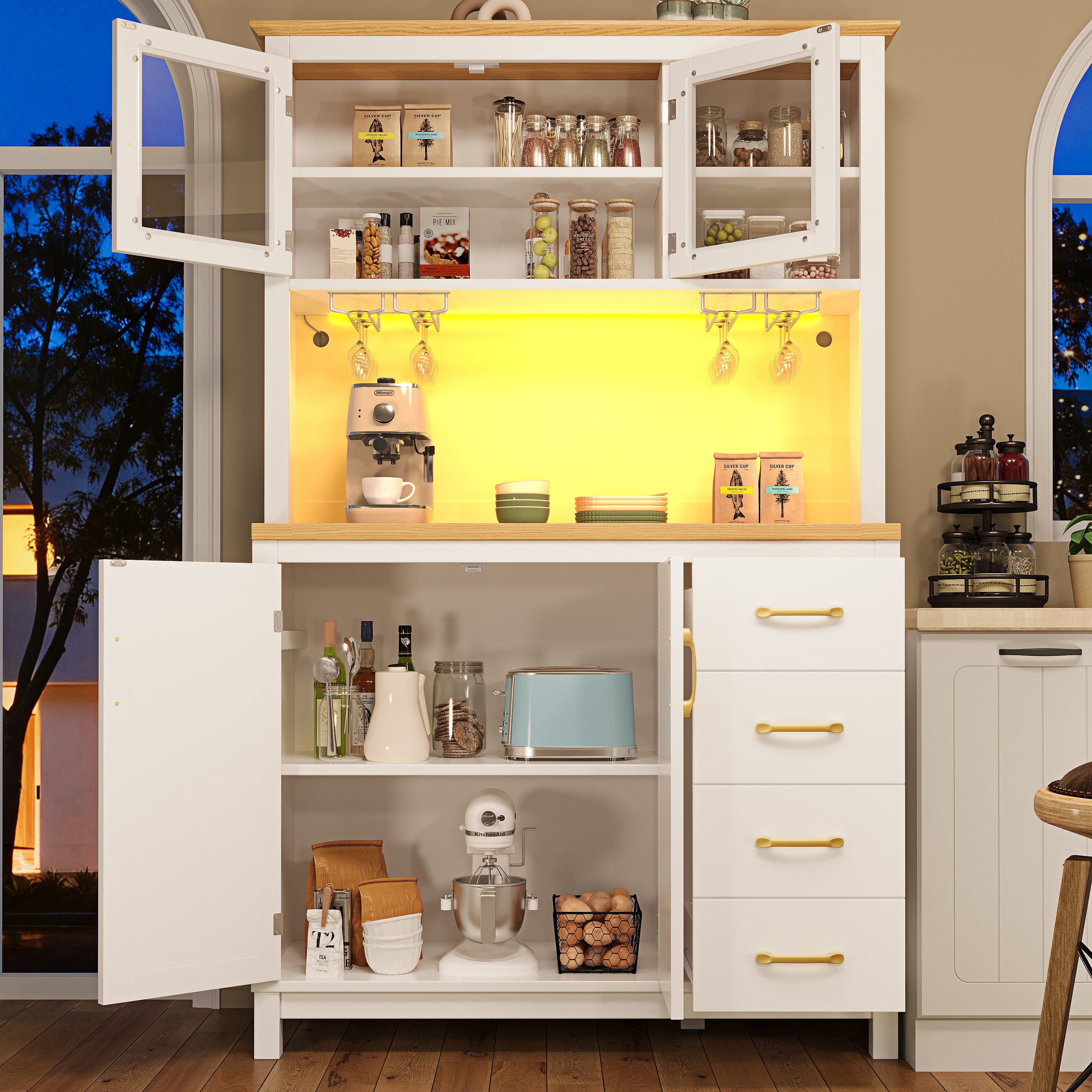 TavilaEcon Küchenbuffet Seitenboard, Aufbewahrungsschrank, Küchenschrank (1-St) im Landhausstil, mit LED-Lichtleiste & Getränkehaltern