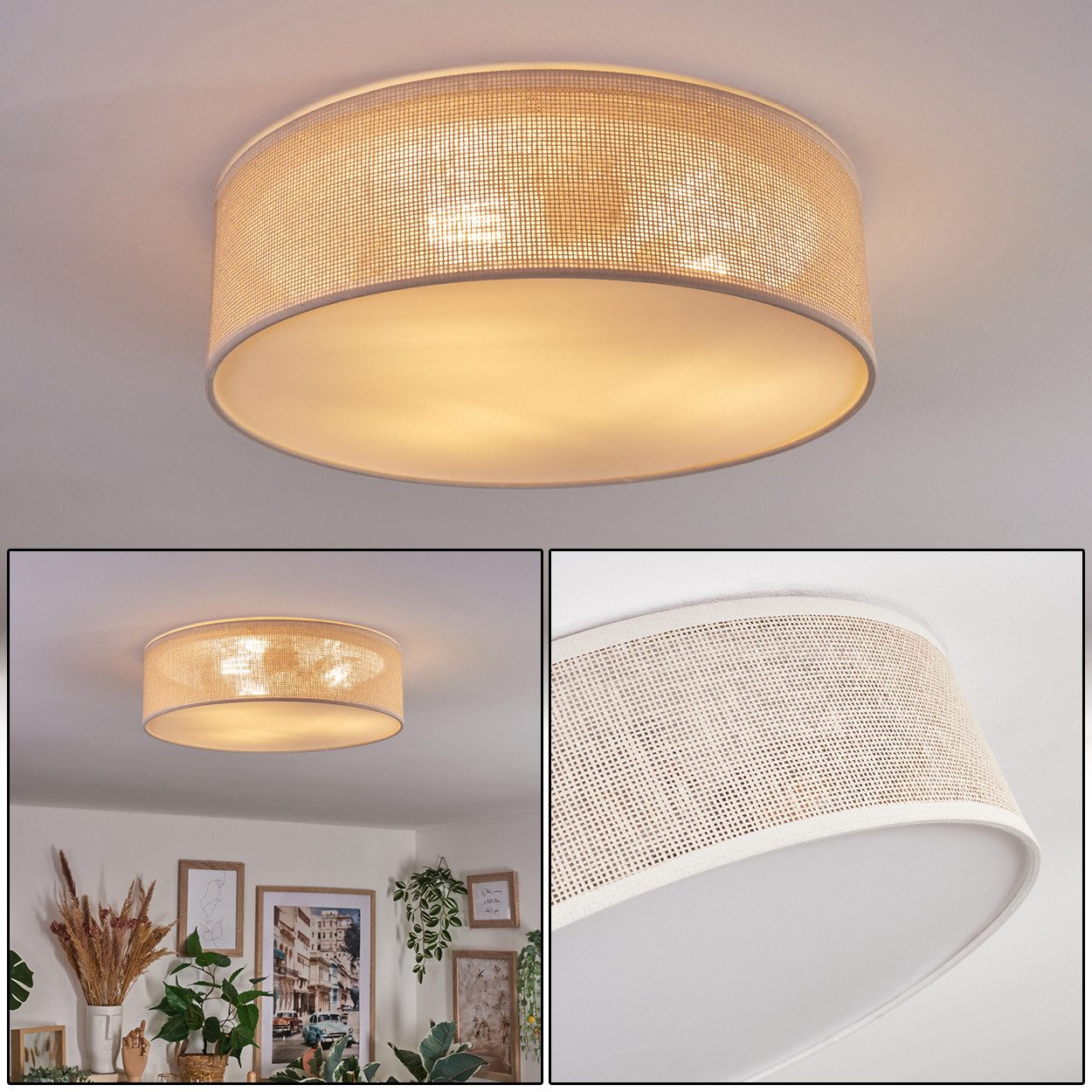 hofstein Deckenleuchte Deckenlampe aus Metall/Papiergeflecht/Kunststoff in Nickel-matt/Natur, ohne Leuchtmittel, runde Deckenleuchte im modernen Boho-Design (40 cm), E27