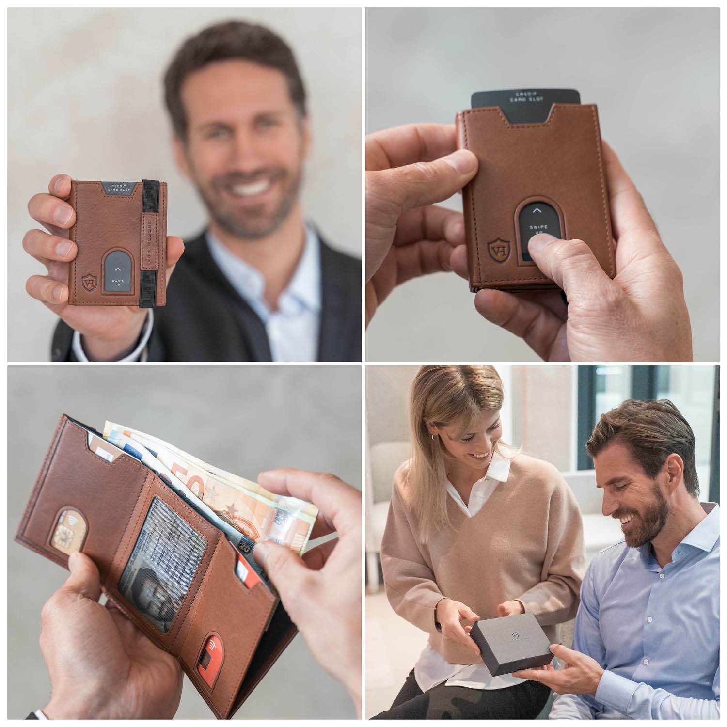 VON HEESEN Cognac-Braun inkl. mit Slim Portemonnaie Kartenfächer, Whizz Wallet Geldbeutel Geschenkbox 6 RFID-Schutz & Wallet Geldbörse
