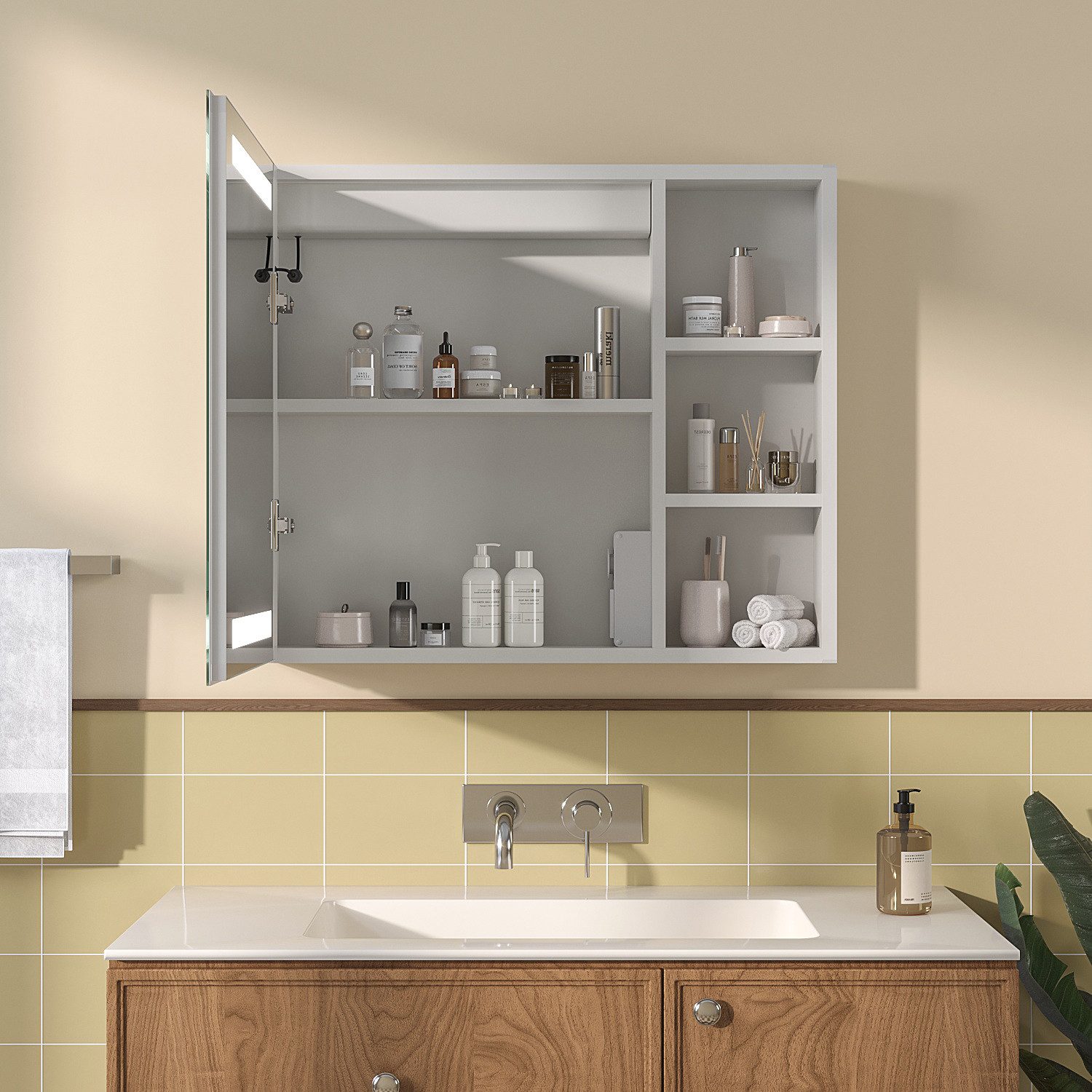 AQUABATOS Badezimmerspiegelschrank LED Spiegelschrank Bad mit Beleuchtung IR Sensor Badezimmerschrank Wandschrank Badezimmer 70x60cm, Anti-fog, Dimmbar, Steckdose, IP44