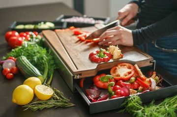 Schneidbox Schneidebrett Schneidebrett-System mit 4 integrierten Auffangschalen, Bambus, 1 große und 3 kleine spülmaschinentaugliche Auffangschalen