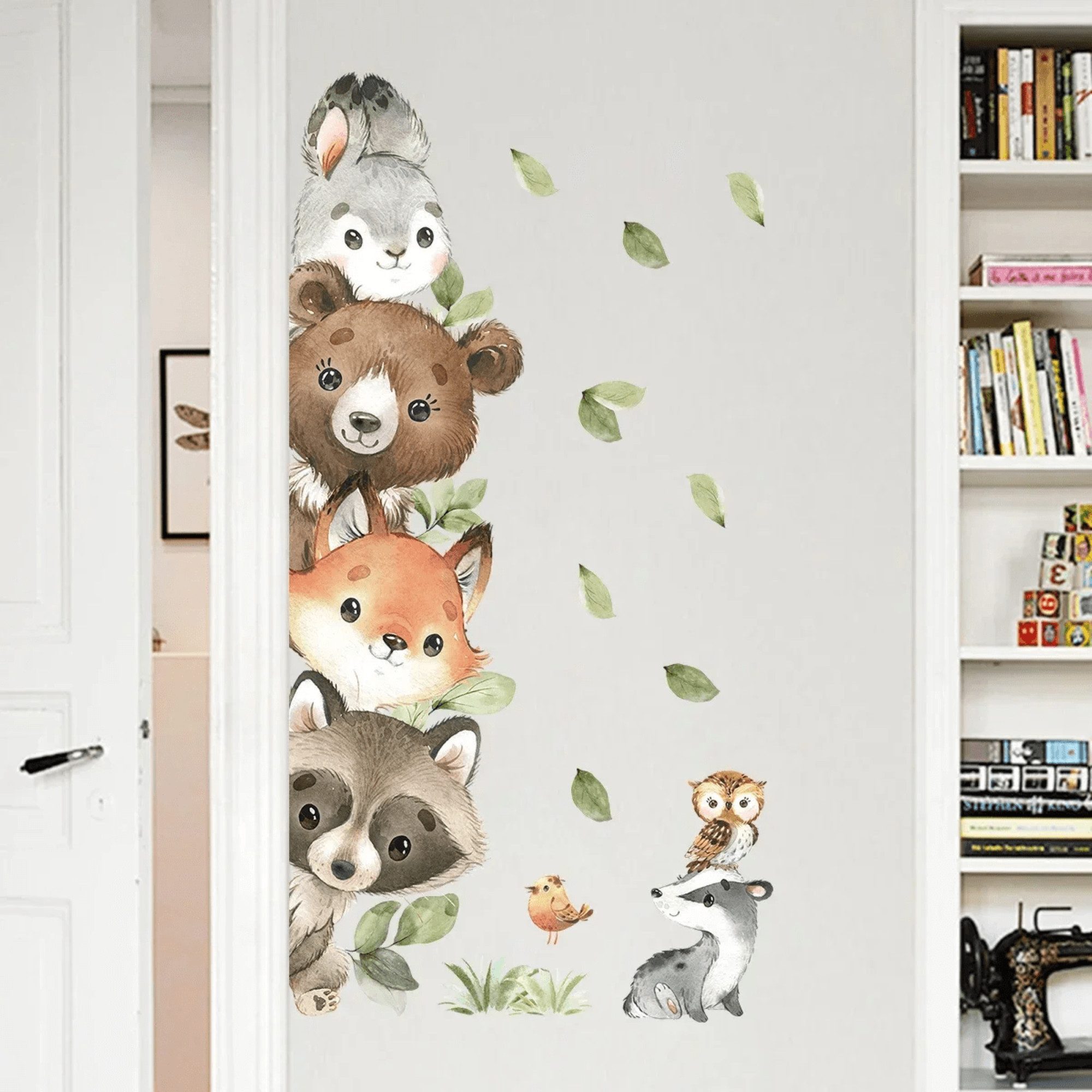 Montegoni Wandsticker Kinder Tier Wandaufkleber Dekoration (gestapelten sitzenden kleinen Bär,Fuchs,Blätter,Wandaufkleber, Wandtattoo mit Waldtieren für Kinderzimmer), wasserdichte,abnehmbare