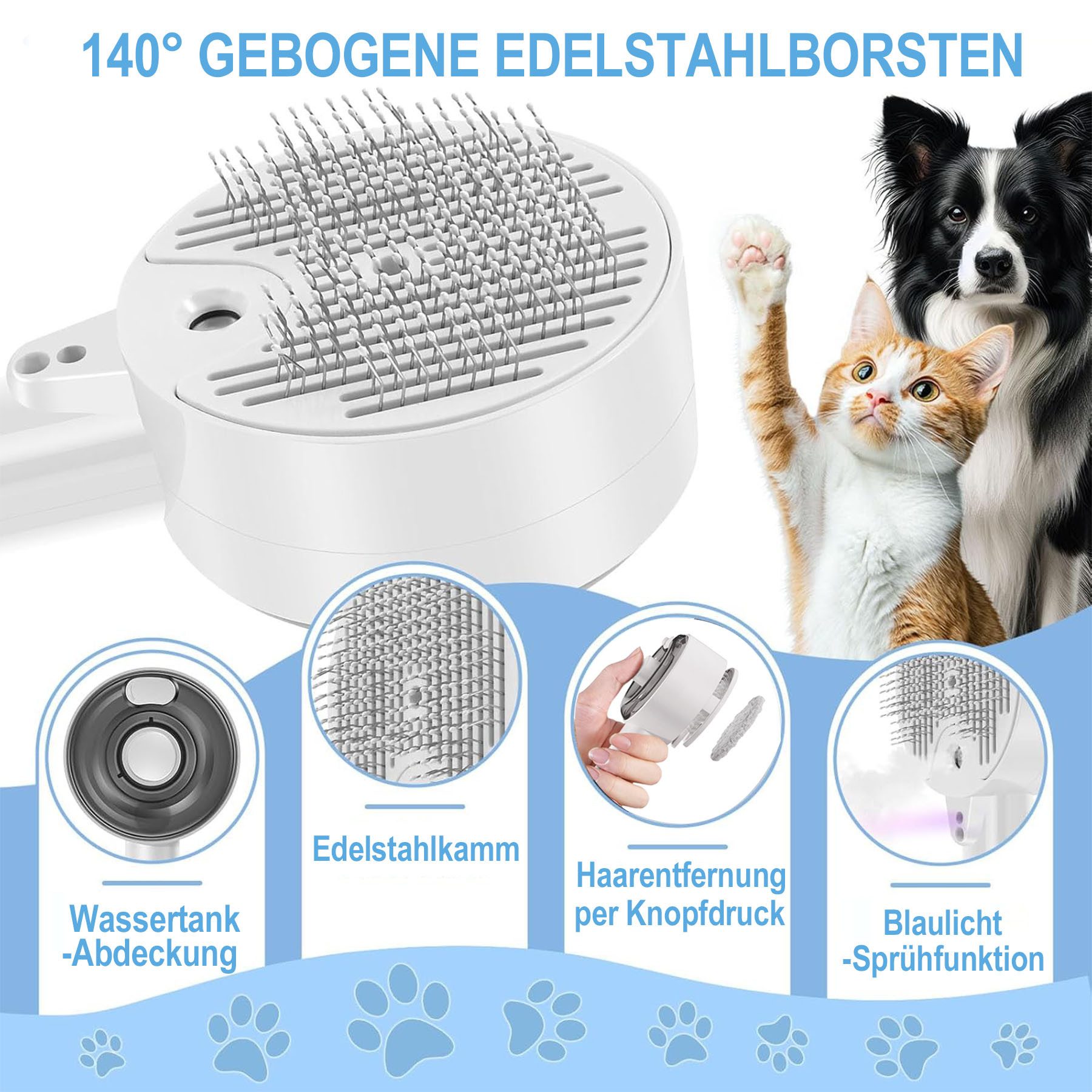 Senmudi Fellbürste Haustierbürste mit Dampffunktion,3-in-1 gegen Unterfell & Verfilzungen, Ein-Knopf-Haarentfernung, mit UV-Sterilisation und Milbenentfernung, (USB Aufladbar Tierpflegebürste,Zwei-Geschwindigkeits-Sprühfunktion), Tierpflegebürste für Lang-kurzhaarige Katzen, Hunde und Kaninchen