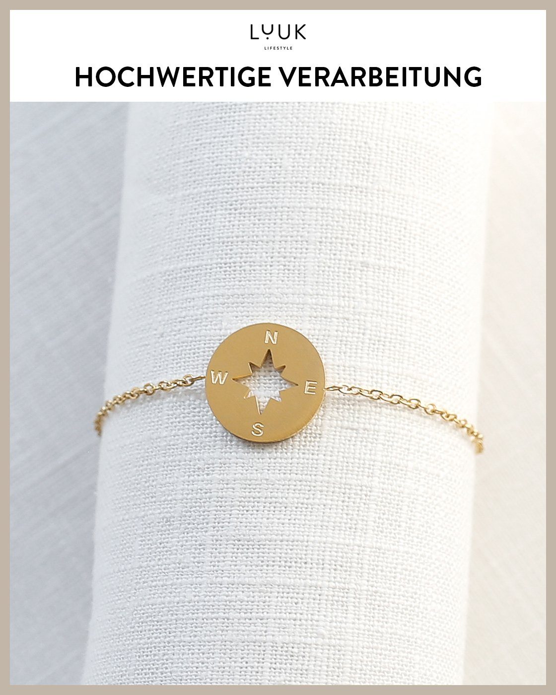 LUUK Gold Kompass, LIFESTYLE Spruchkarte mit Edelstahlarmband Happiness