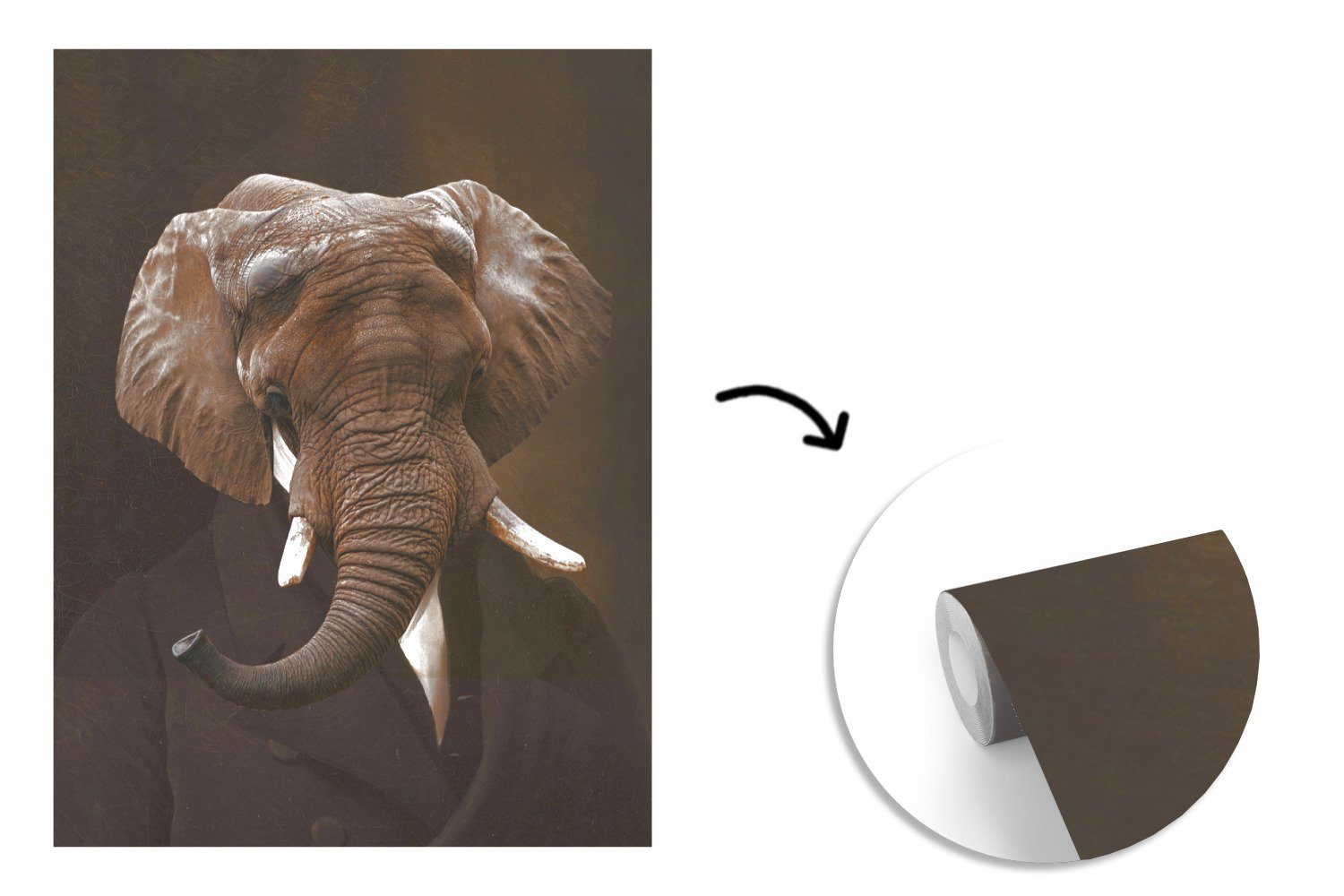 Fototapete Montagefertig Elefant (4 - Matt, Wandtapete für MuchoWow Meister, Alte Vinyl Gemälde Wohnzimmer, bedruckt, Tapete - St),
