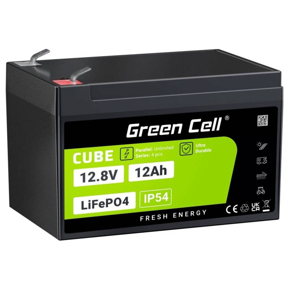 Green Cell Akku 12Ah 12.8V 153.6Wh Lithium-Eisen-Phosphat Batterie Akku, Flachstecker