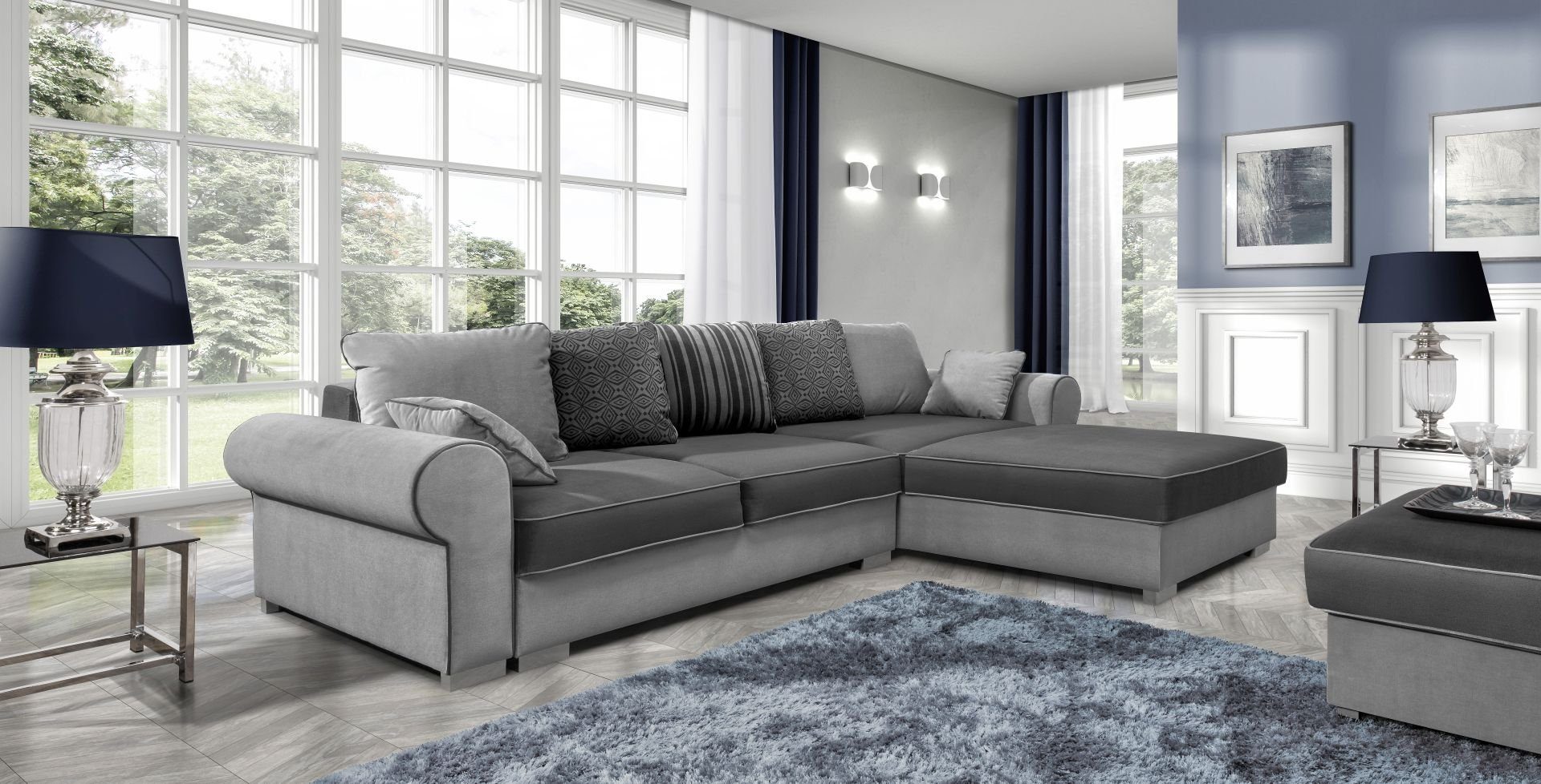 JVmoebel Ecksofa, Stoff L-Form Couch Wohnlandschaft Ecksofa Garnitur Modern Design Sofa Grau