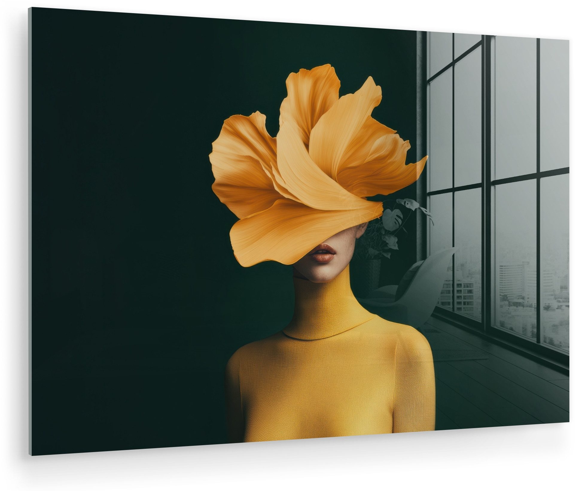 MuchoWow Acrylglasbild Frau - Hut - Gelb, Inkl. Aufhängung, Glasbilder Wohnzimmer, Schlafzimmer, Flur & Esszimmer, 30x20 cm