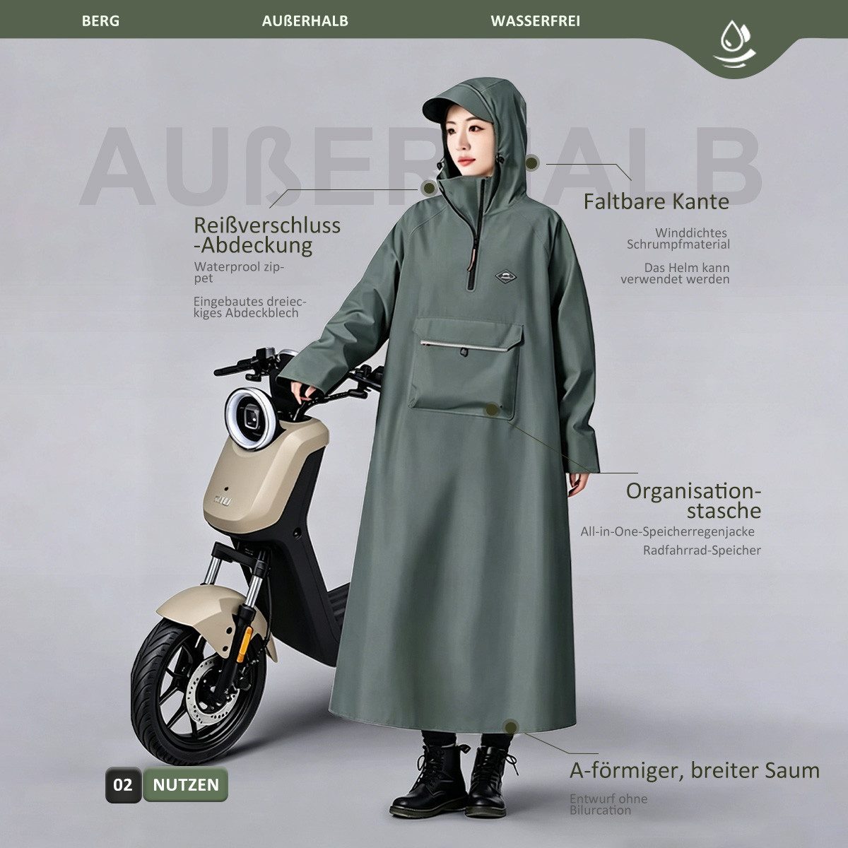 MOPUEA Regenponcho Fahrrad Regenmantel Regenjacke Damen Herren Poncho Regenponcho (zuverlässigen Wetterschutz, 1-St) wasserdicht mit Kapuze und Tasche, Polyester, Atmungsaktiv, Packbar
