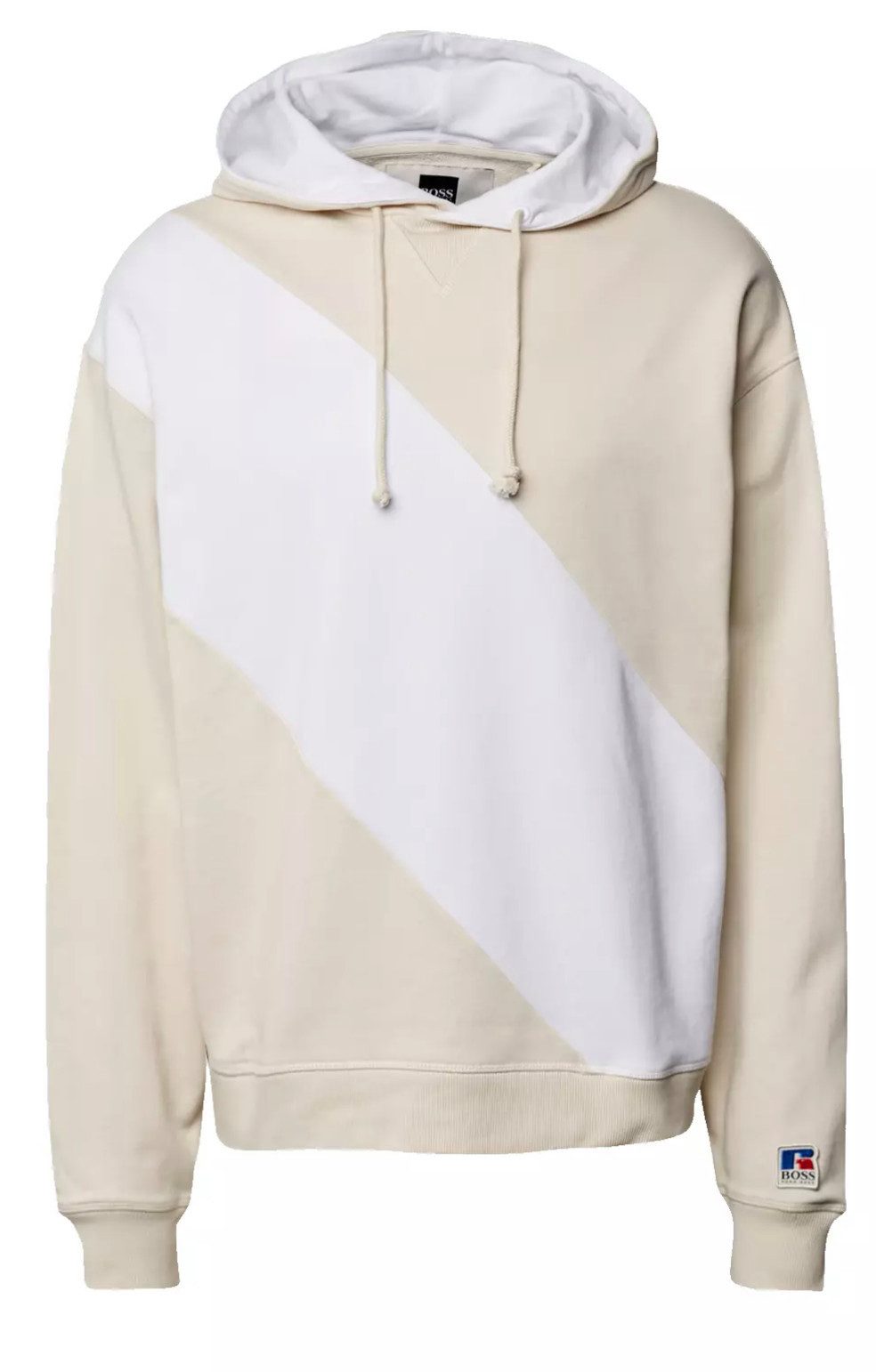 BOSS Kapuzensweatshirt X Russell Athletic Zusammenarbeit Hoodie Kängurutasche, gerippte Abschlüsse und ein Markenlogo-Patch