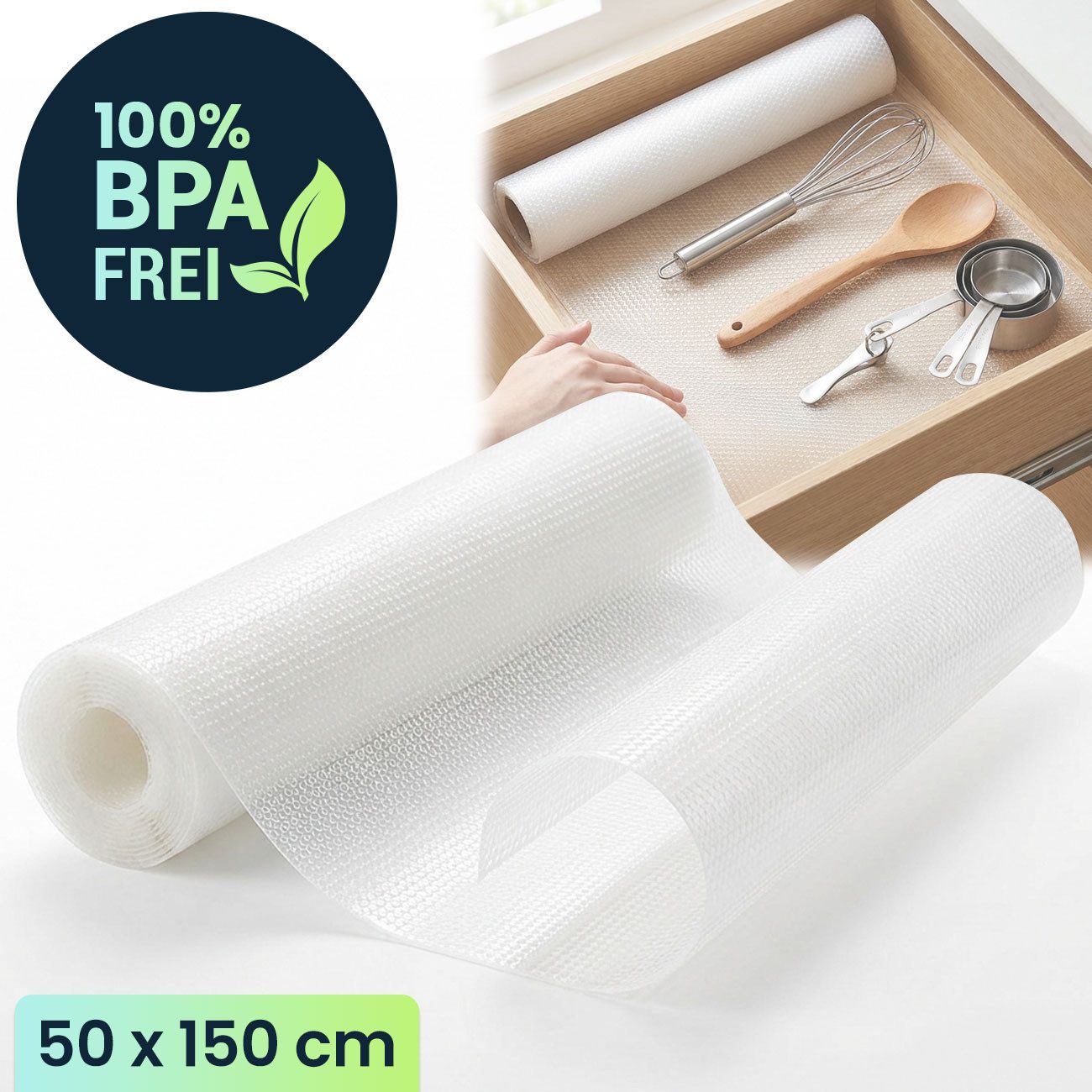 shop'n smile ideoon Schubladenmatte Antirutschmatte 50x150cm Einlegematte für Schublade Zuschneidbar (8 St), 4/8 Antirutschmatten, BPA-frei, lebensmittelecht, 5 – Bild 3 von 5