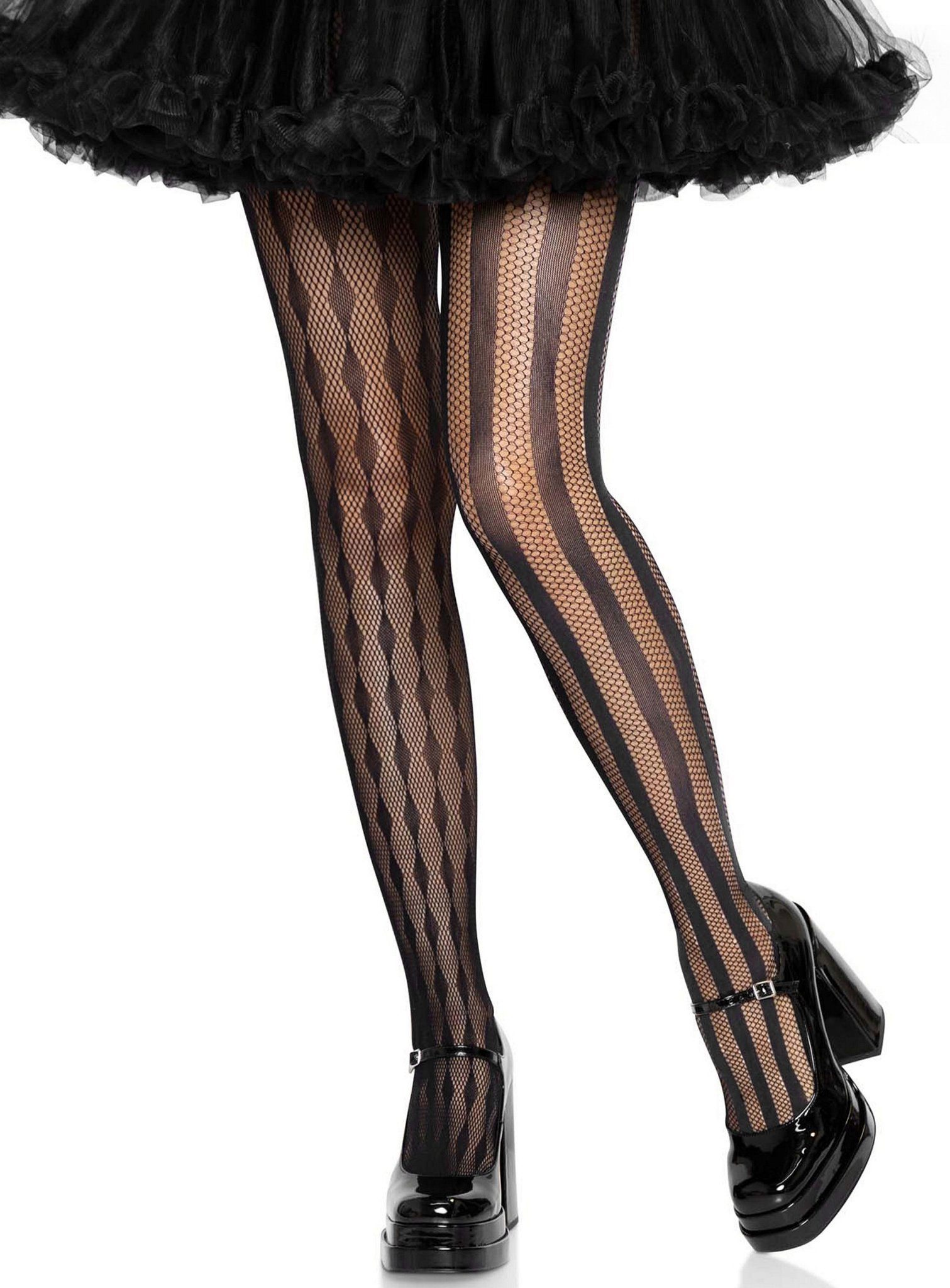 Leg Avenue Strumpfhose Harlekin Netzstrumpfhose (1 St) Zweigeteilte Strumpfhose mit Karos und Streifen